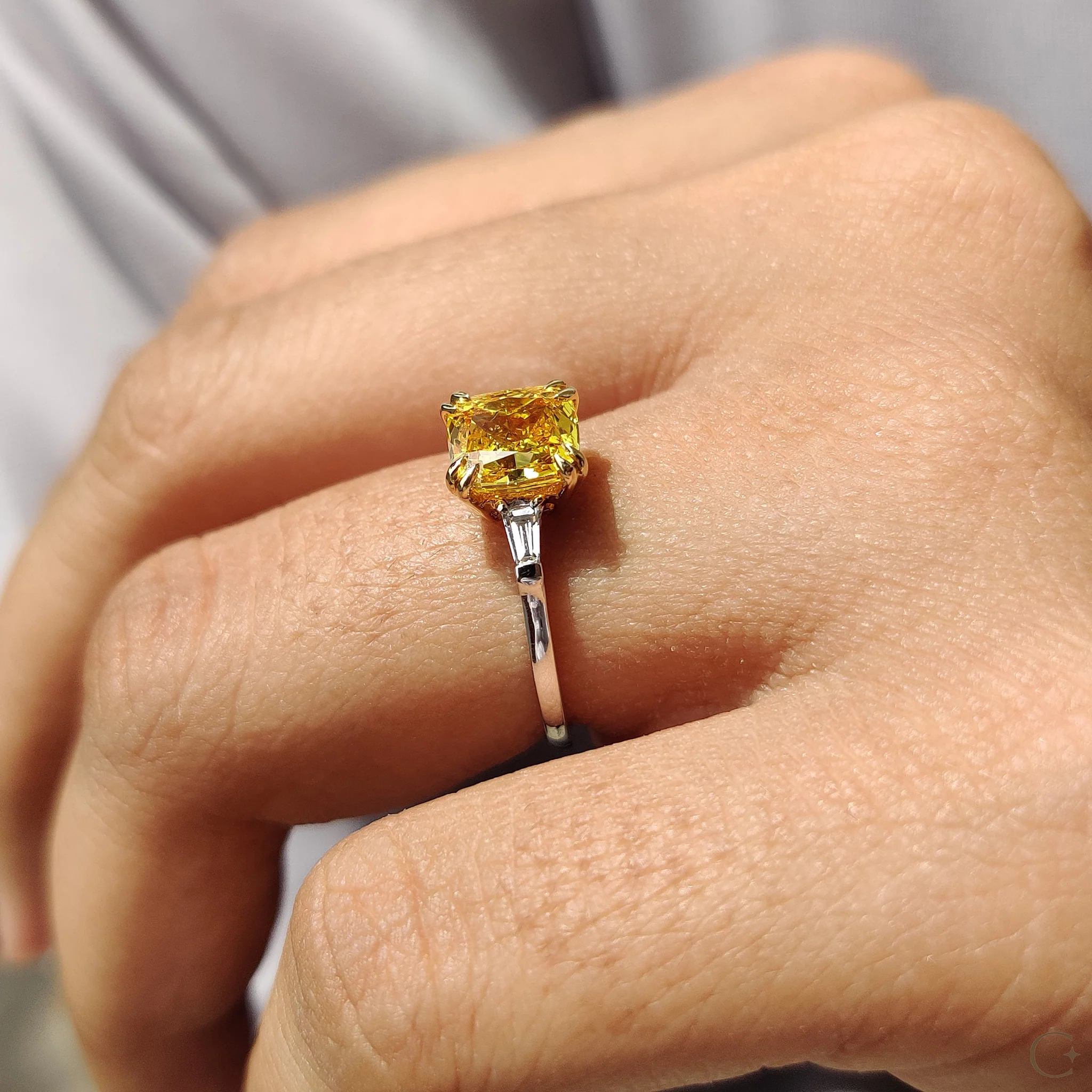 3 Stone Diamond Engagement Ring With Cushion & Baguette - Image 3