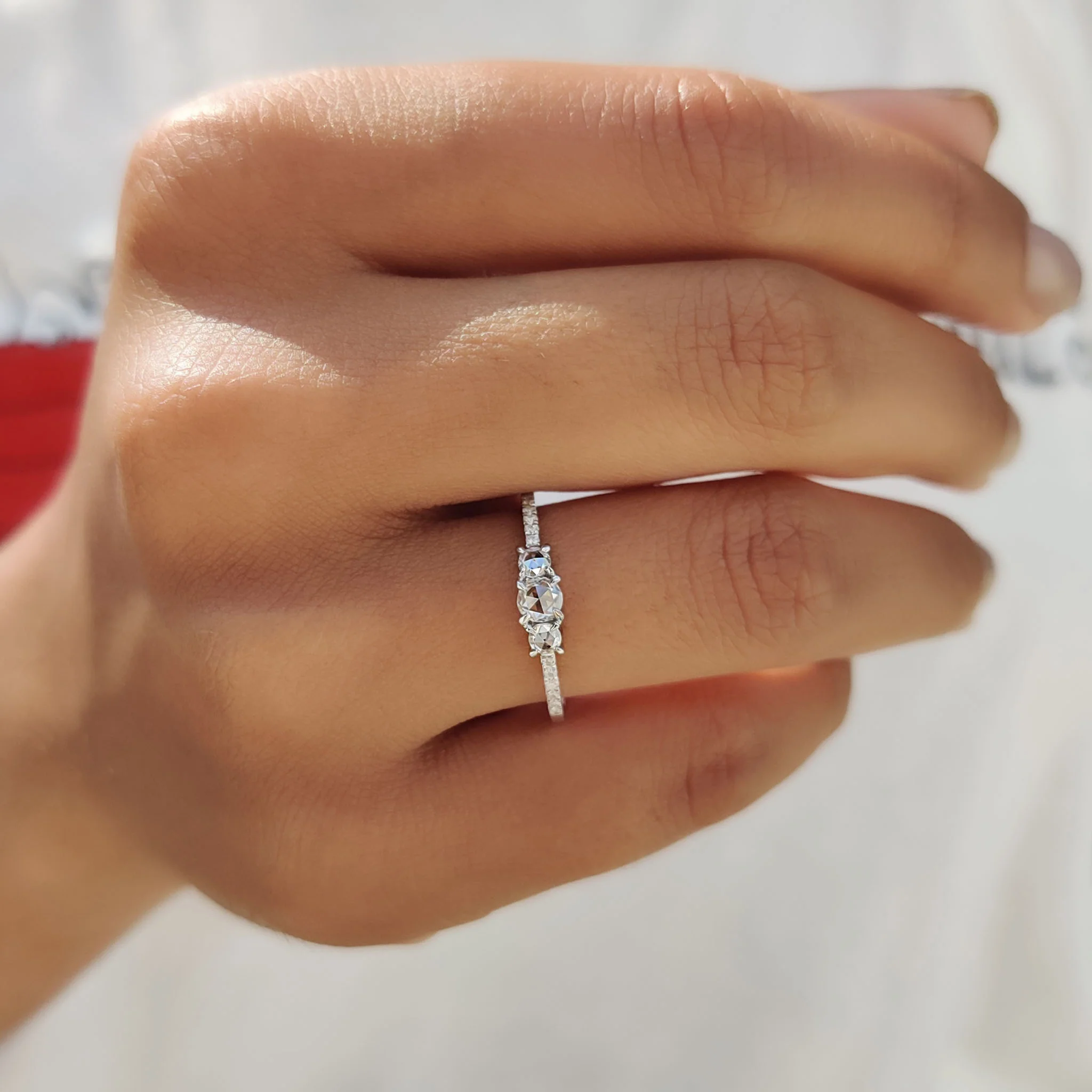 Round Rose Cut 3 Stone Engagement Ring With Pave Setting - Image 6