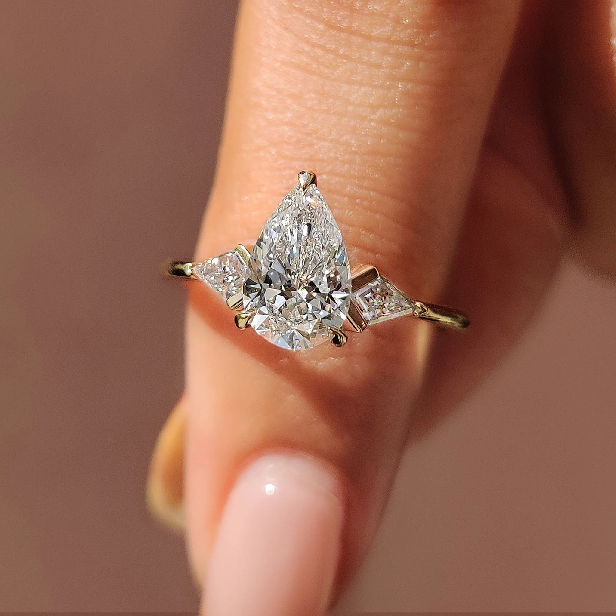 3 Stone Pear Cut Diamond Engagement Ring