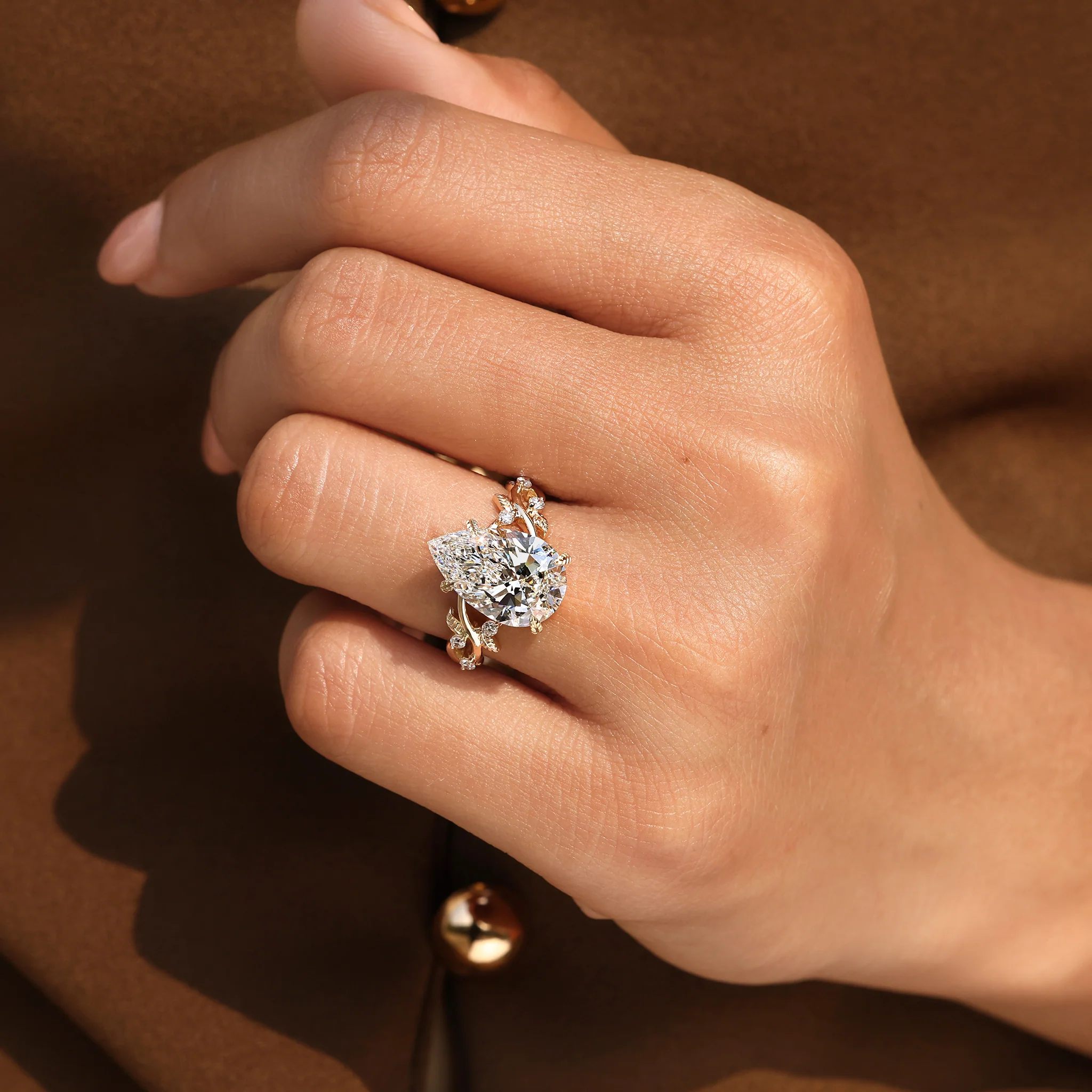 5 - 10 Carat IGI Certified Pear Cut Nature Inspired Engagement Ring - Image 5