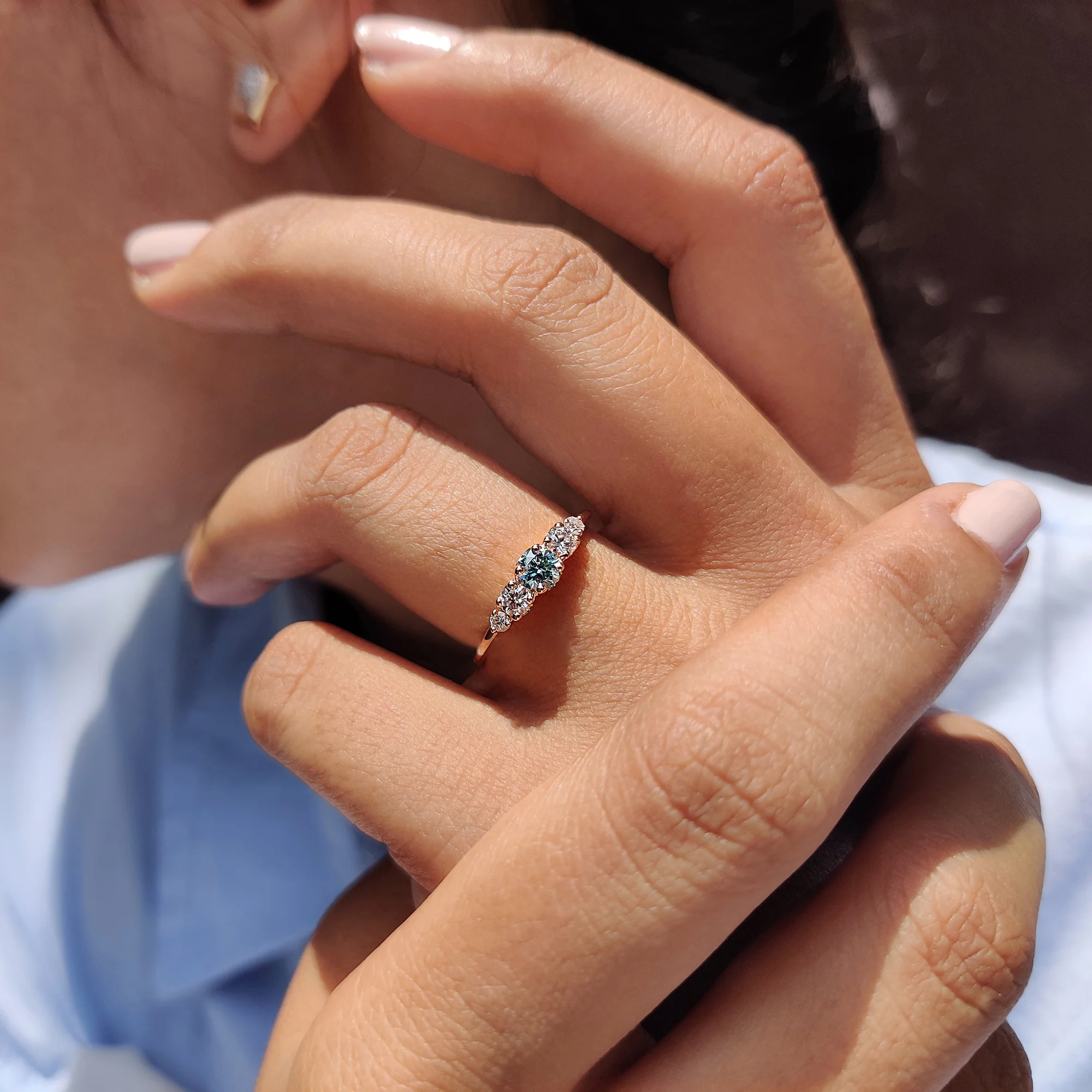 Cyan Blue Round Cut 5 Stone Engagement Ring - Image 3