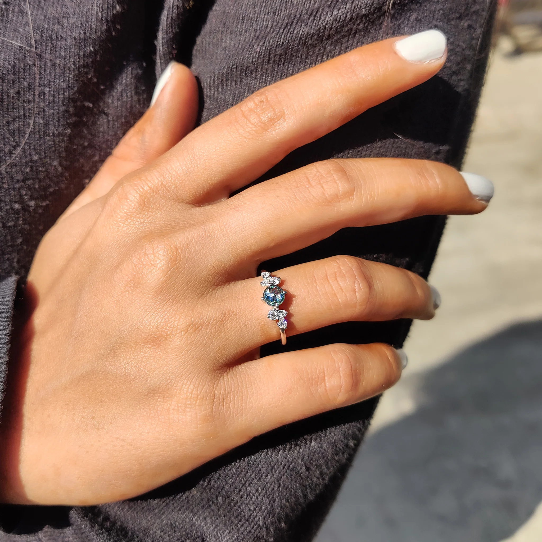 7 Stone Engagement Ring In Cyan Blue Round Rose Cut - Image 3