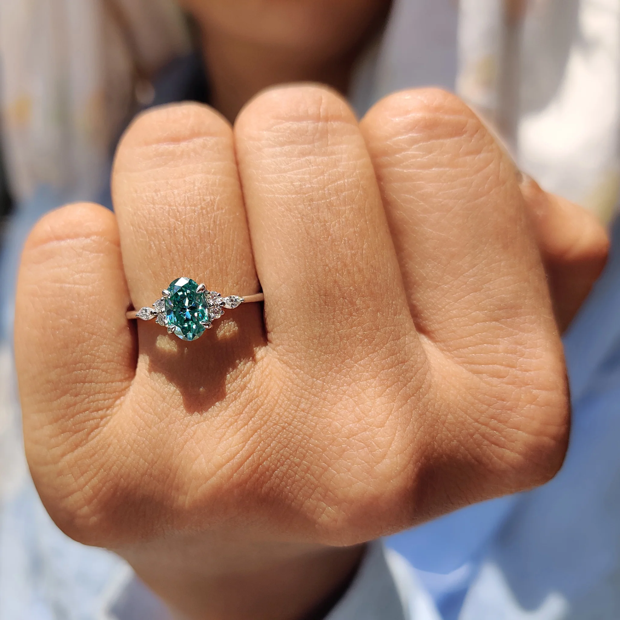 7 Stone Moissanite Ring With Oval Cyan Blue Moissanite - Image 6