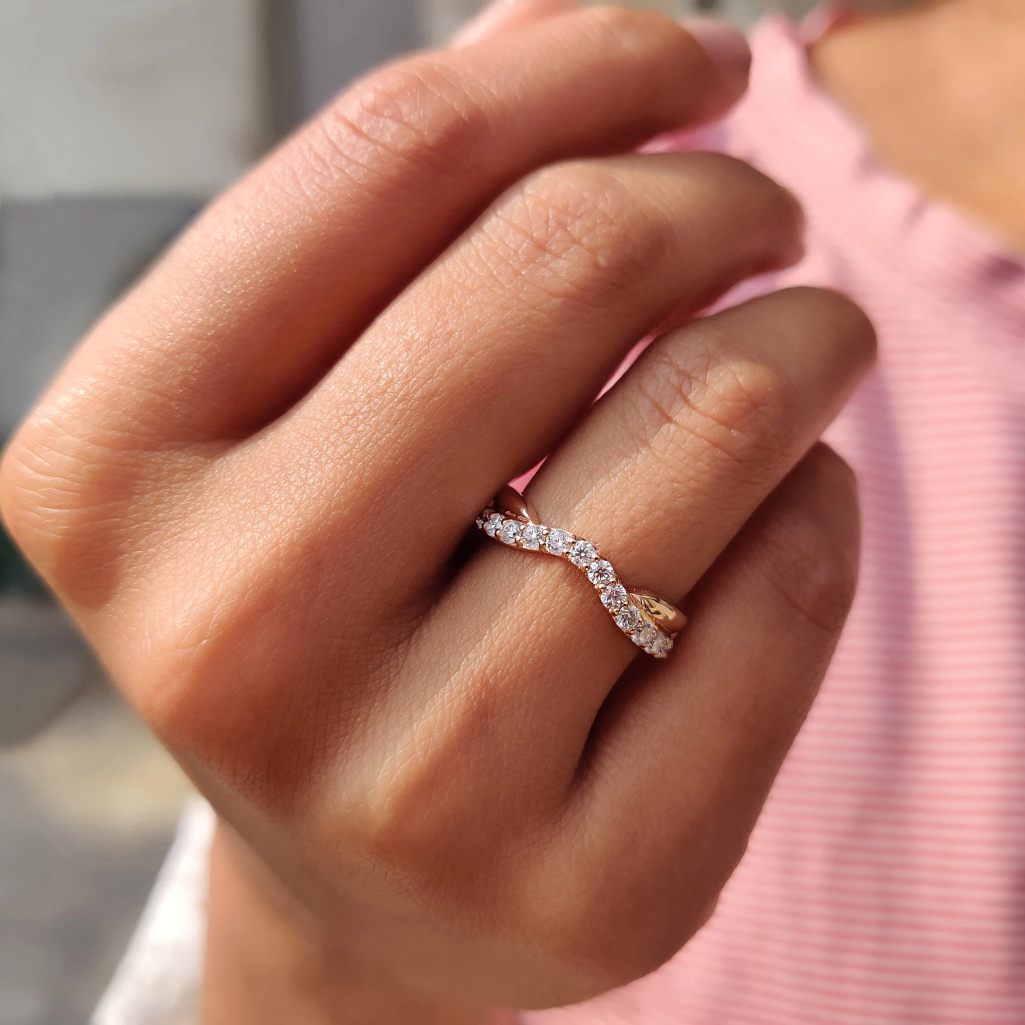 Accented Curved Wedding Band With Round Cut Moissanite - Image 9