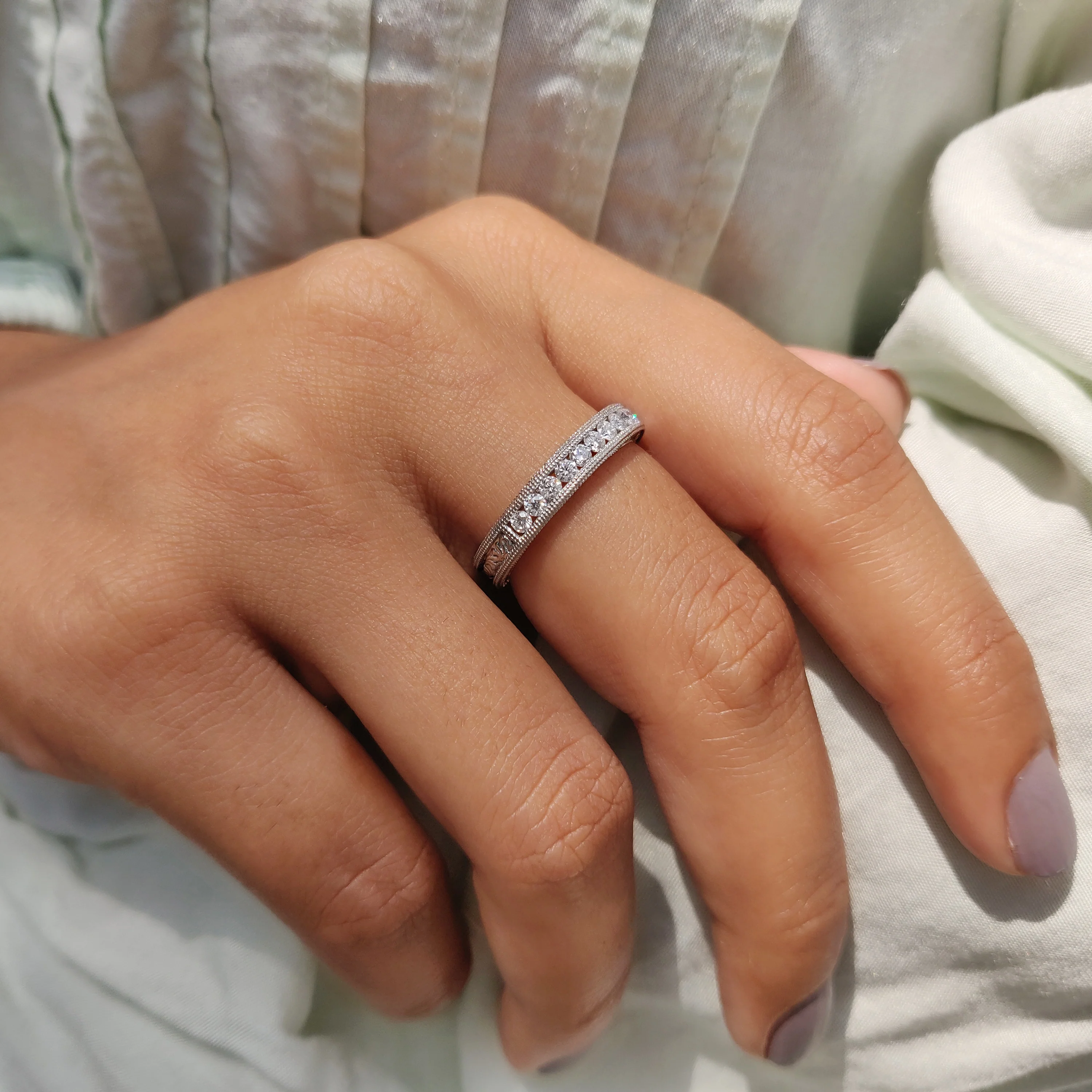 Art Deco Wedding Ring With Round Cut Milgrain Setting - Image 2