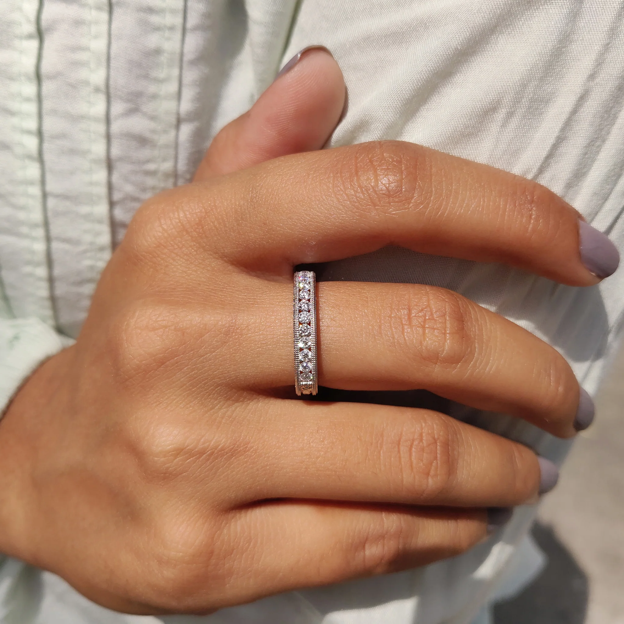 Art Deco Wedding Ring With Round Cut Milgrain Setting - Image 9