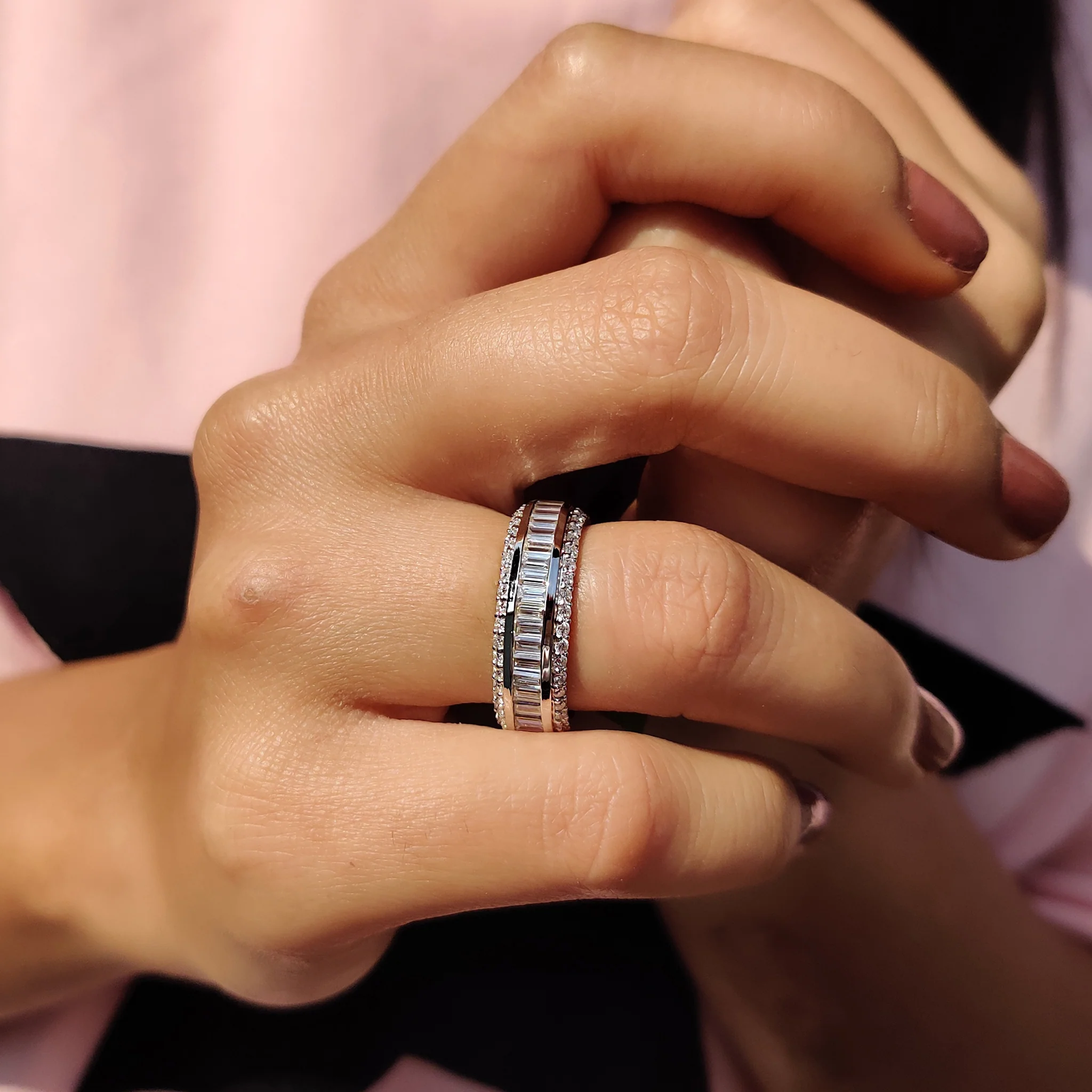 Baguette And Round Cut Wedding Band With Three Row Pave - Image 5
