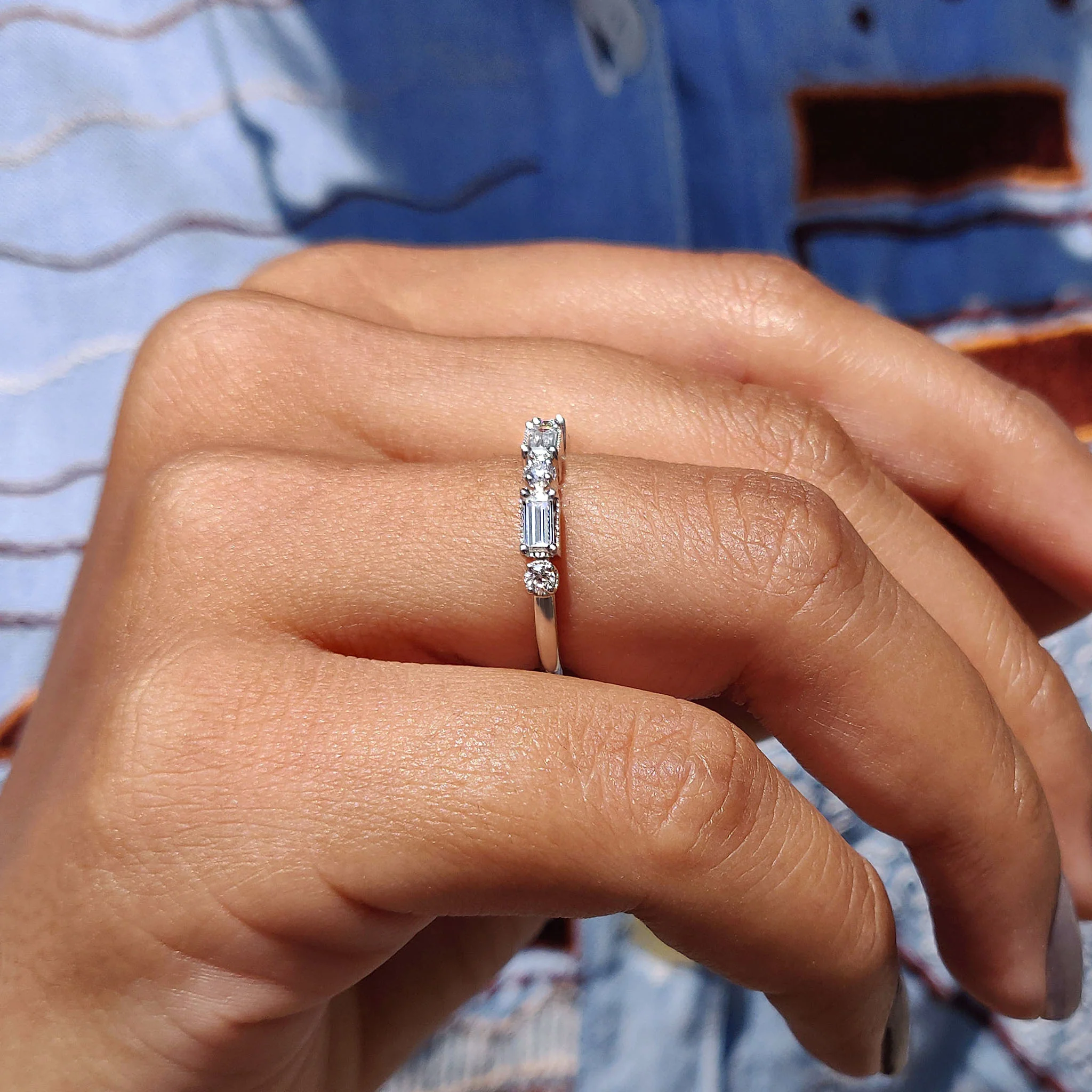 Baguette And Round Cut Wedding Ring Featuring Milgrain Setting - Image 8
