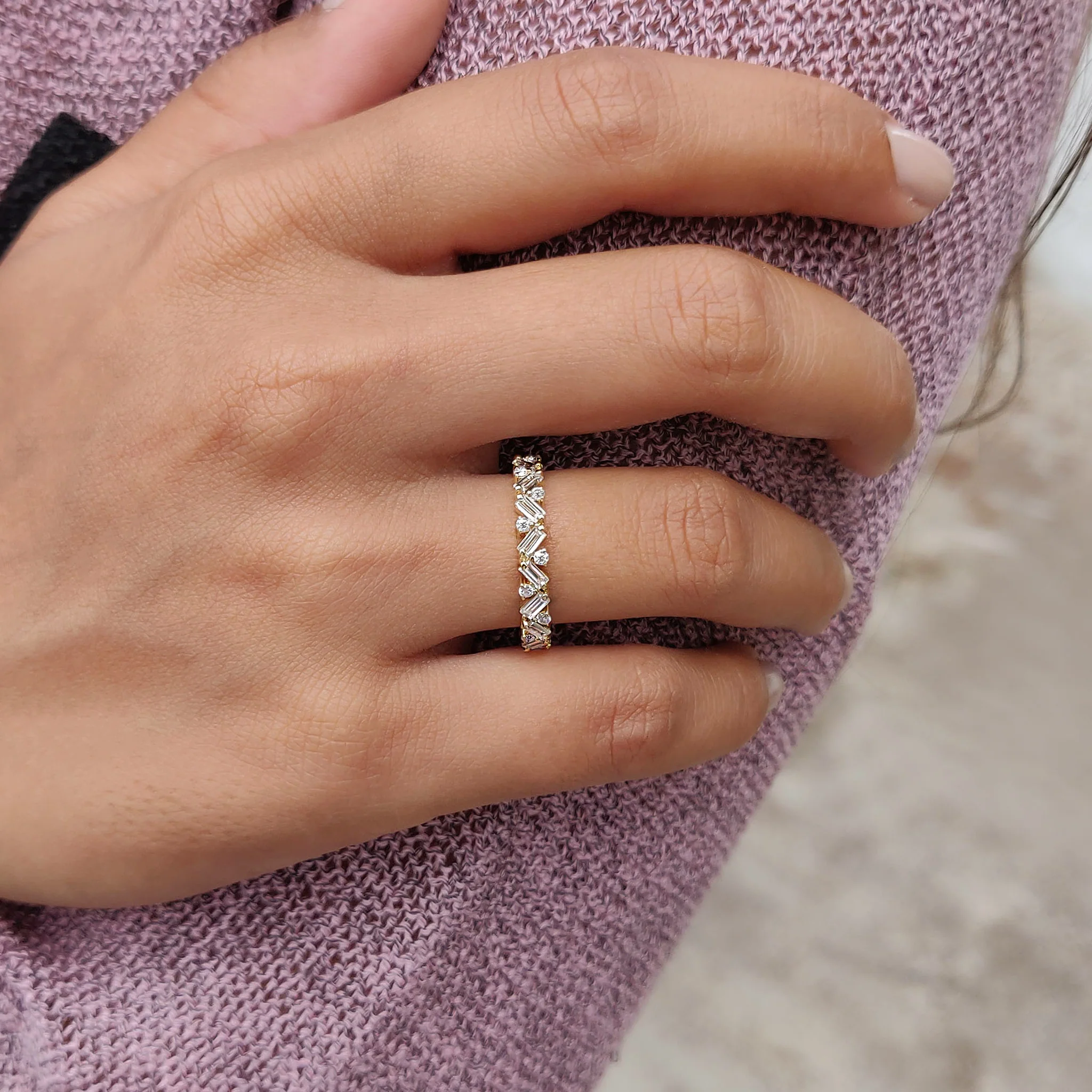 Baguette And Round Wedding Band In Zig Zag Style - Image 8