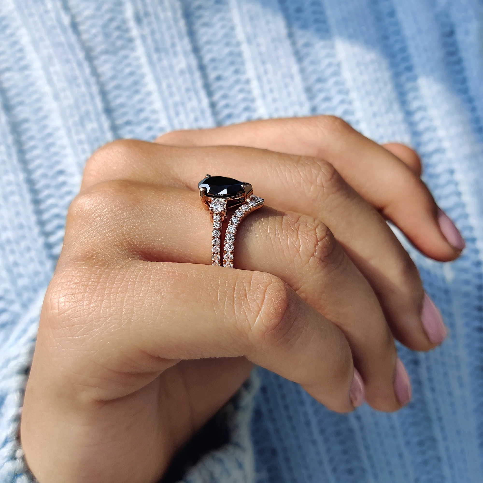 Black Pear Engagement Ring With Curved Wedding Band - Image 9