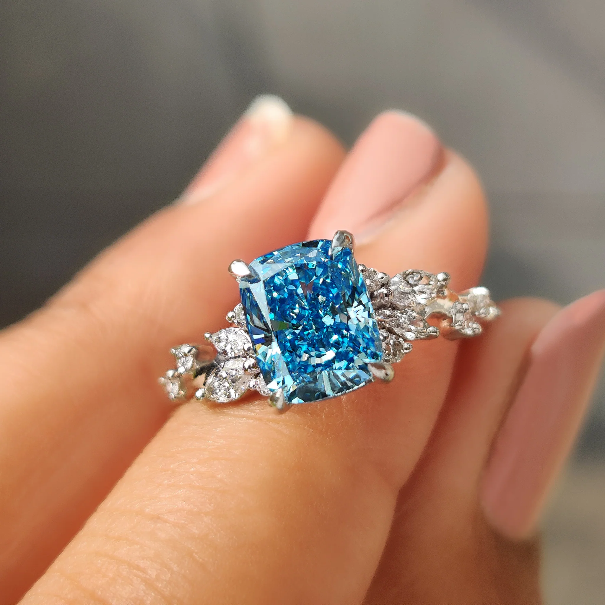 Blue Cushion Cut Diamond Ring in Cluster Setting - Image 7