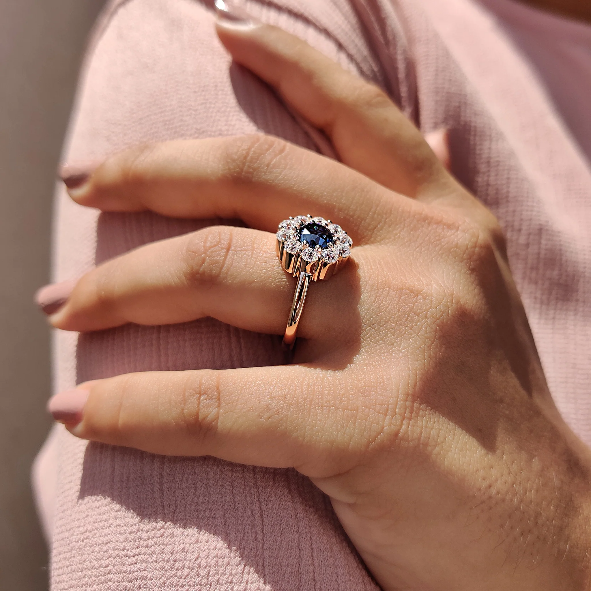 Blue Round Old European Cut Ring In Cluster Design - Image 6