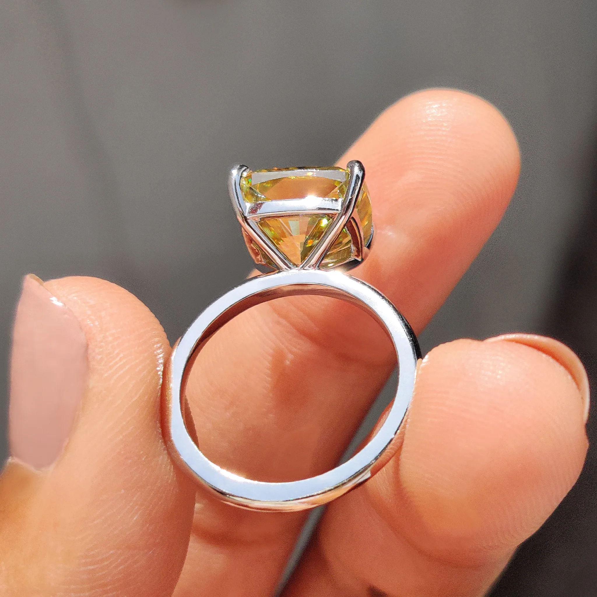 Canary Yellow Cushion Cut Solitaire Ring In Round Prong Setting - Image 4