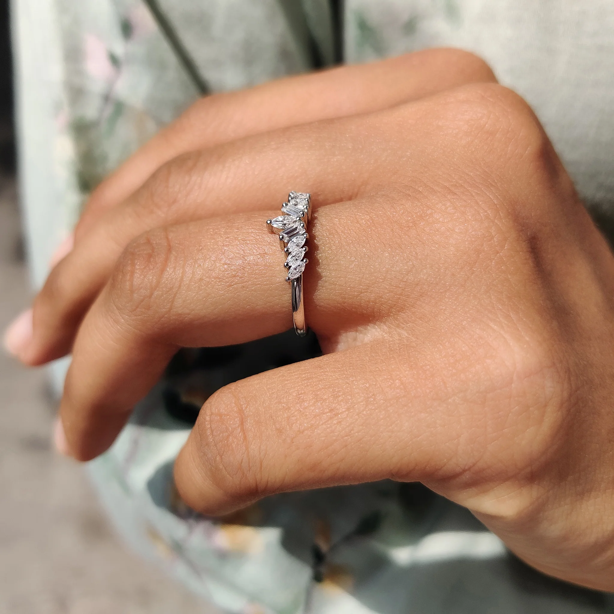 Curved Wedding Band With Marquise And Baguette Stone - Image 6