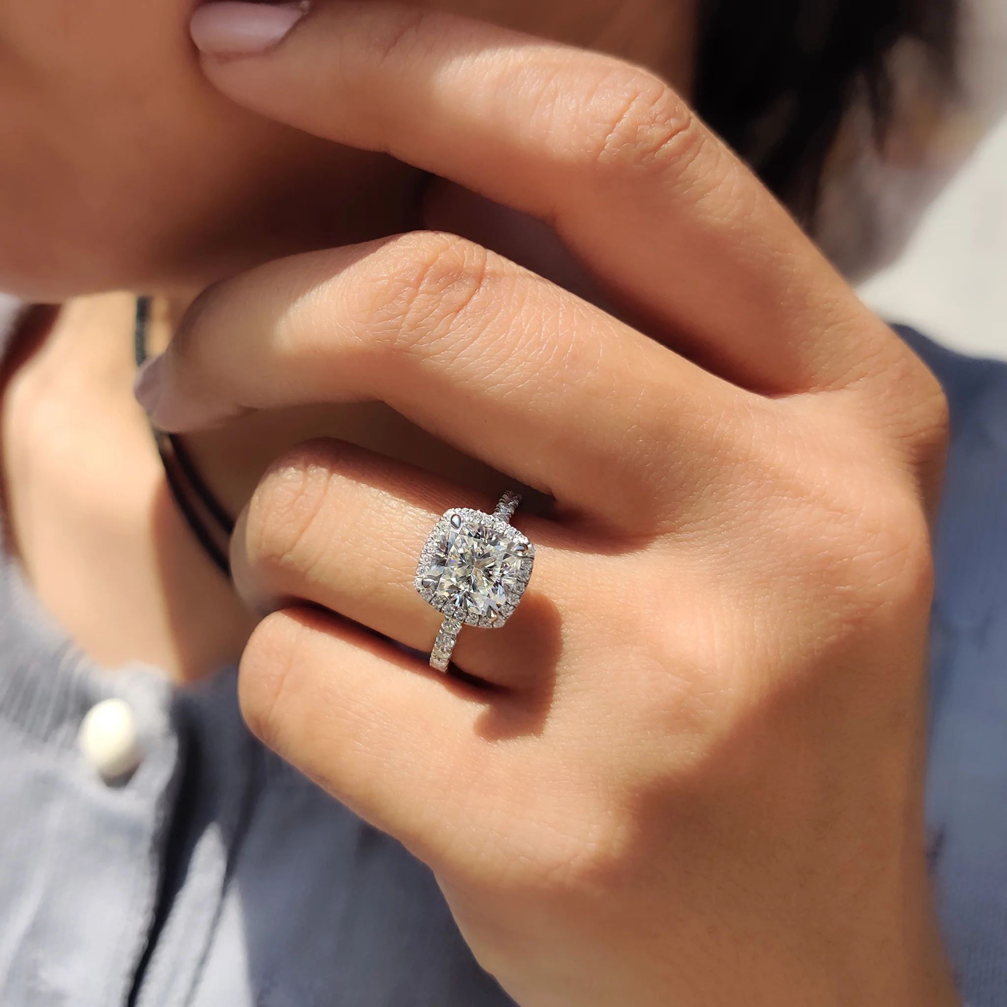 Cushion cut halo engagement ring in a pave band style - Image 7