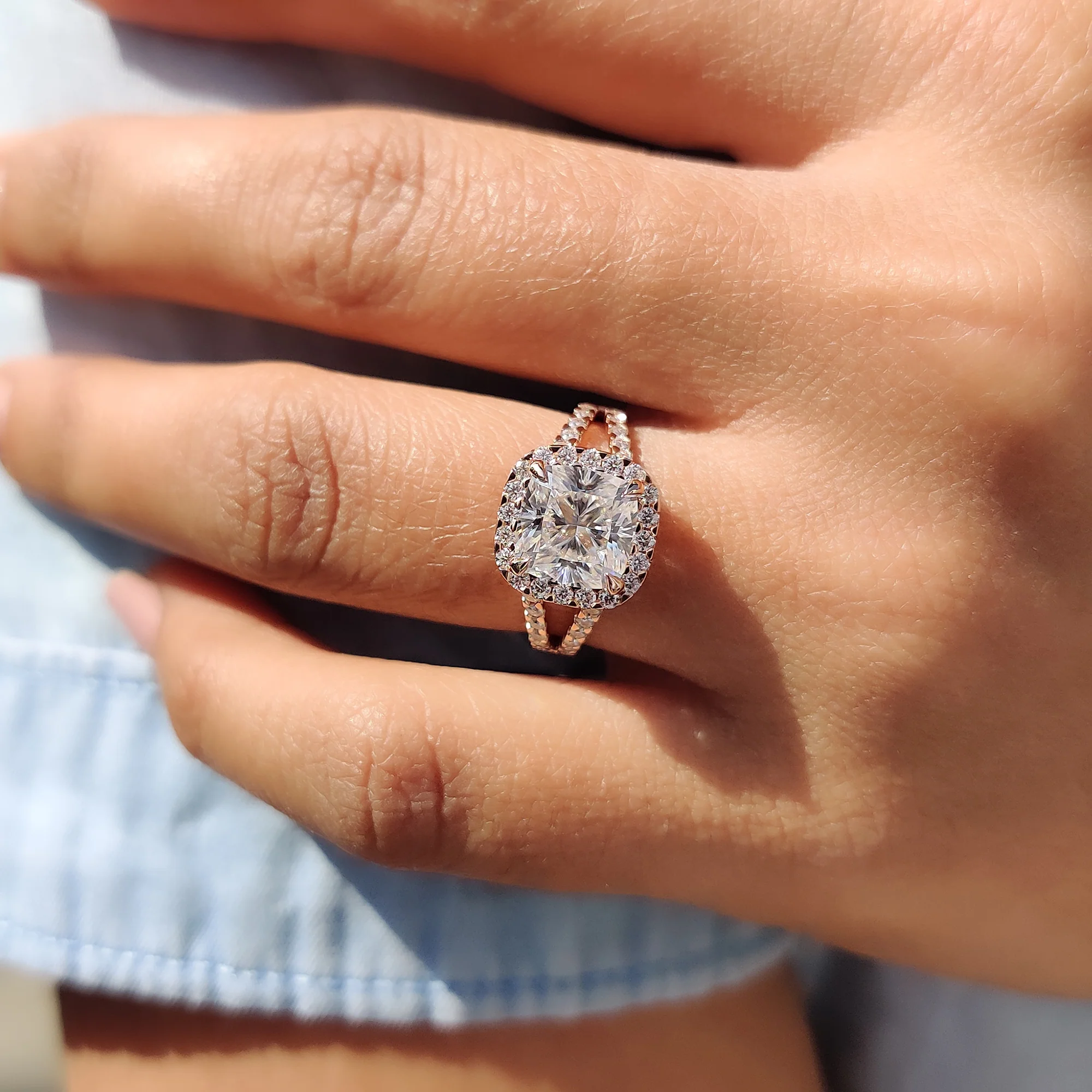 Cushion Cut Moissanite ring With Split Pave Setting - Image 2