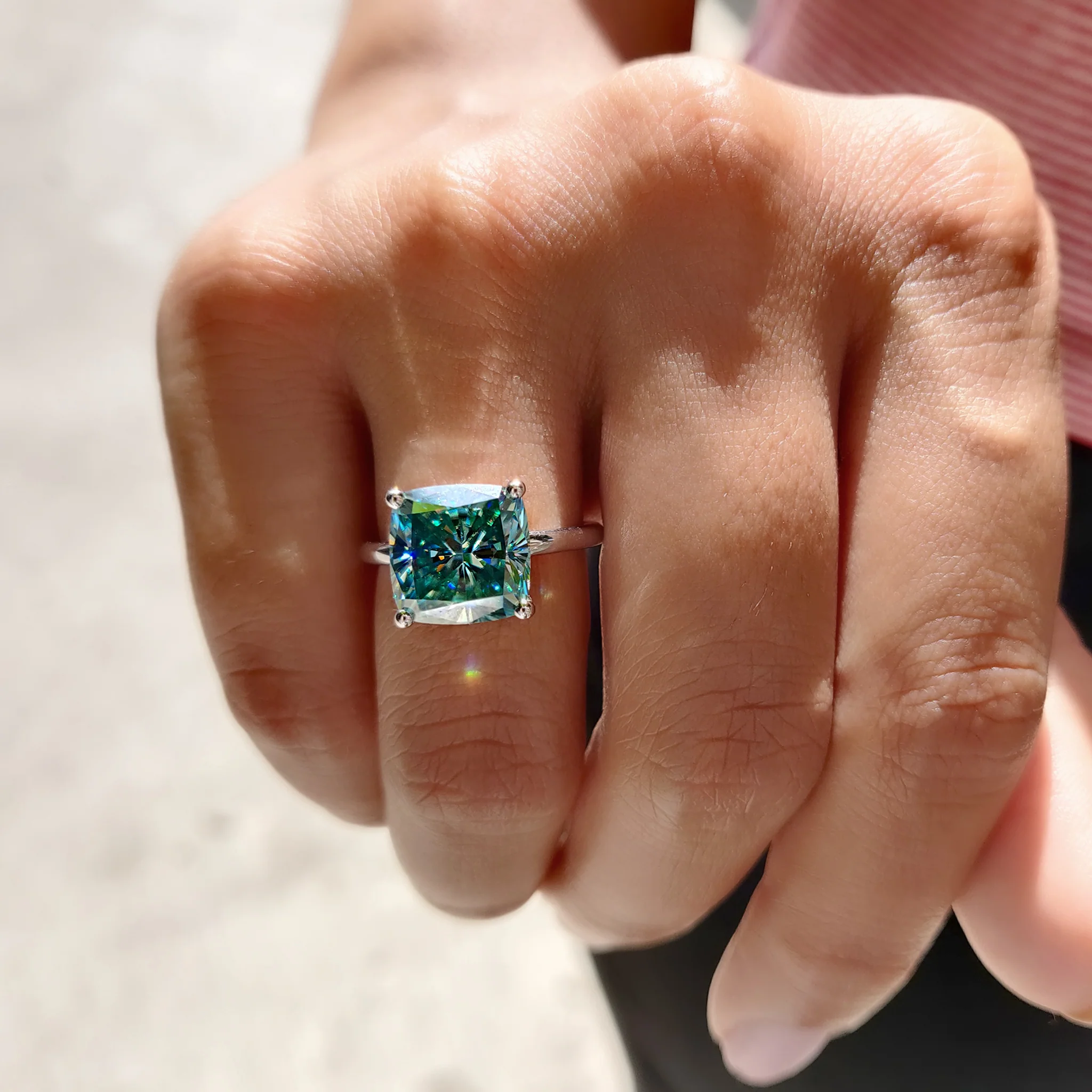 Cyan Blue Cushion Cut Solitaire Ring - Image 5