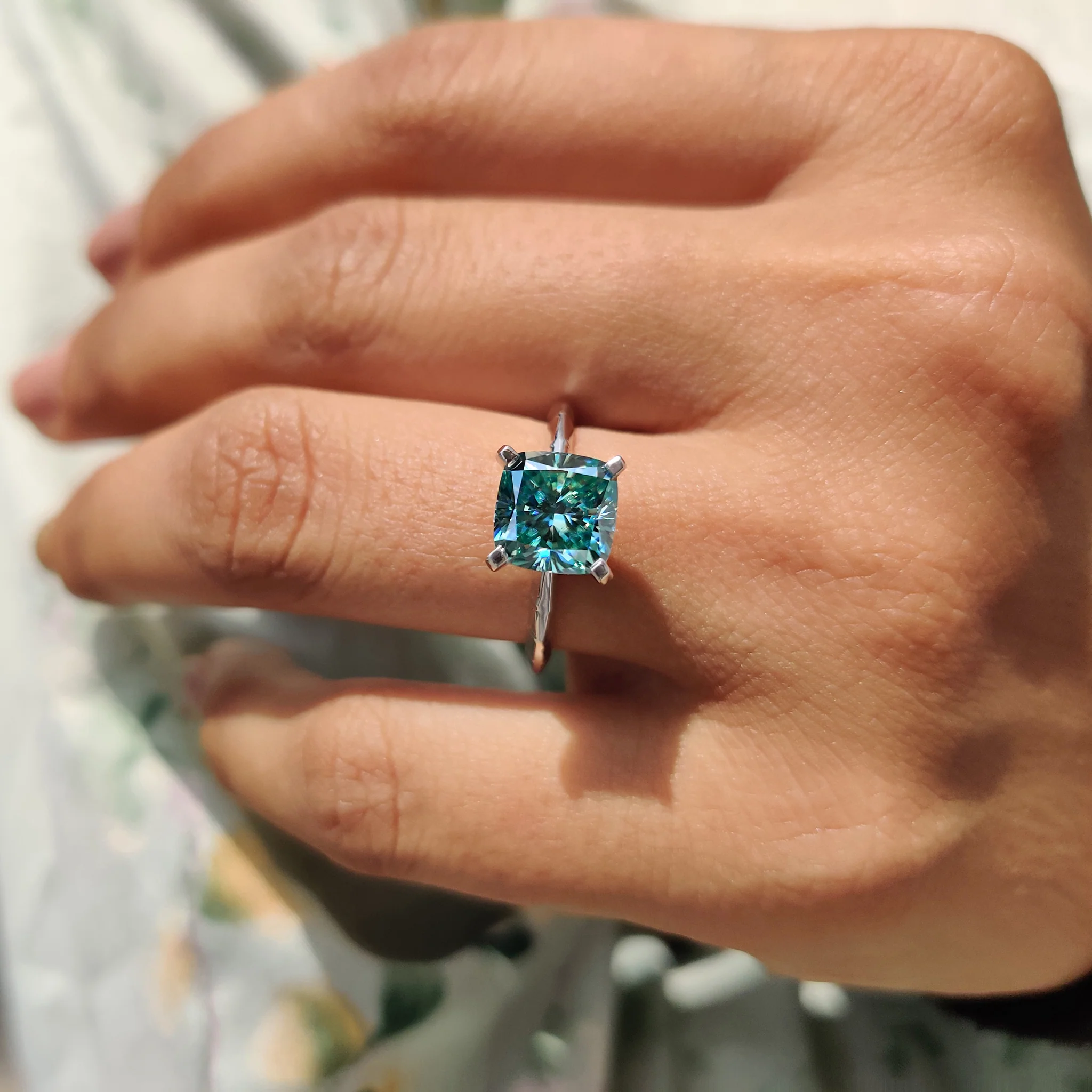 Cyan Blue Cushion Cut Gold Solitaire Engagement Ring - Image 8