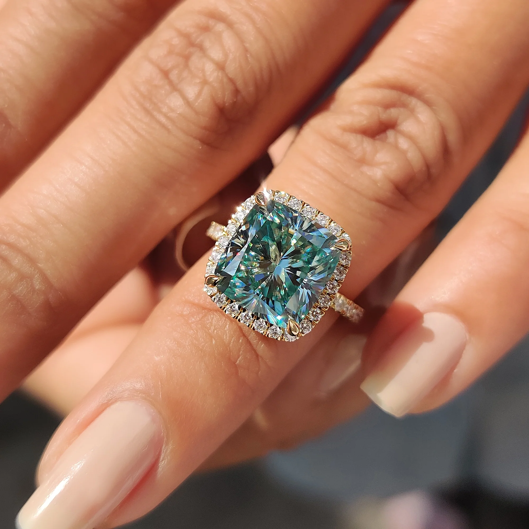 Cyan Blue Cushion Ring With Halo Setting
