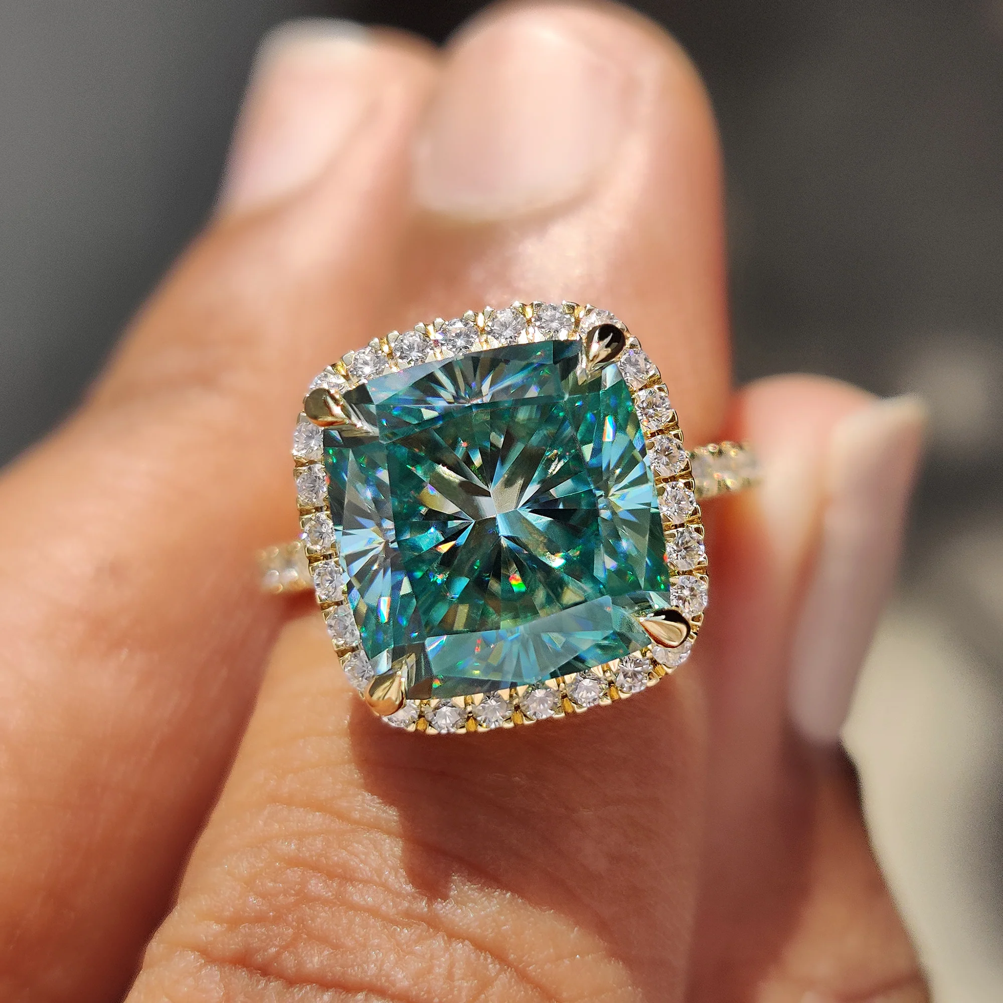 Cyan Blue Cushion Ring With Halo Setting - Image 7