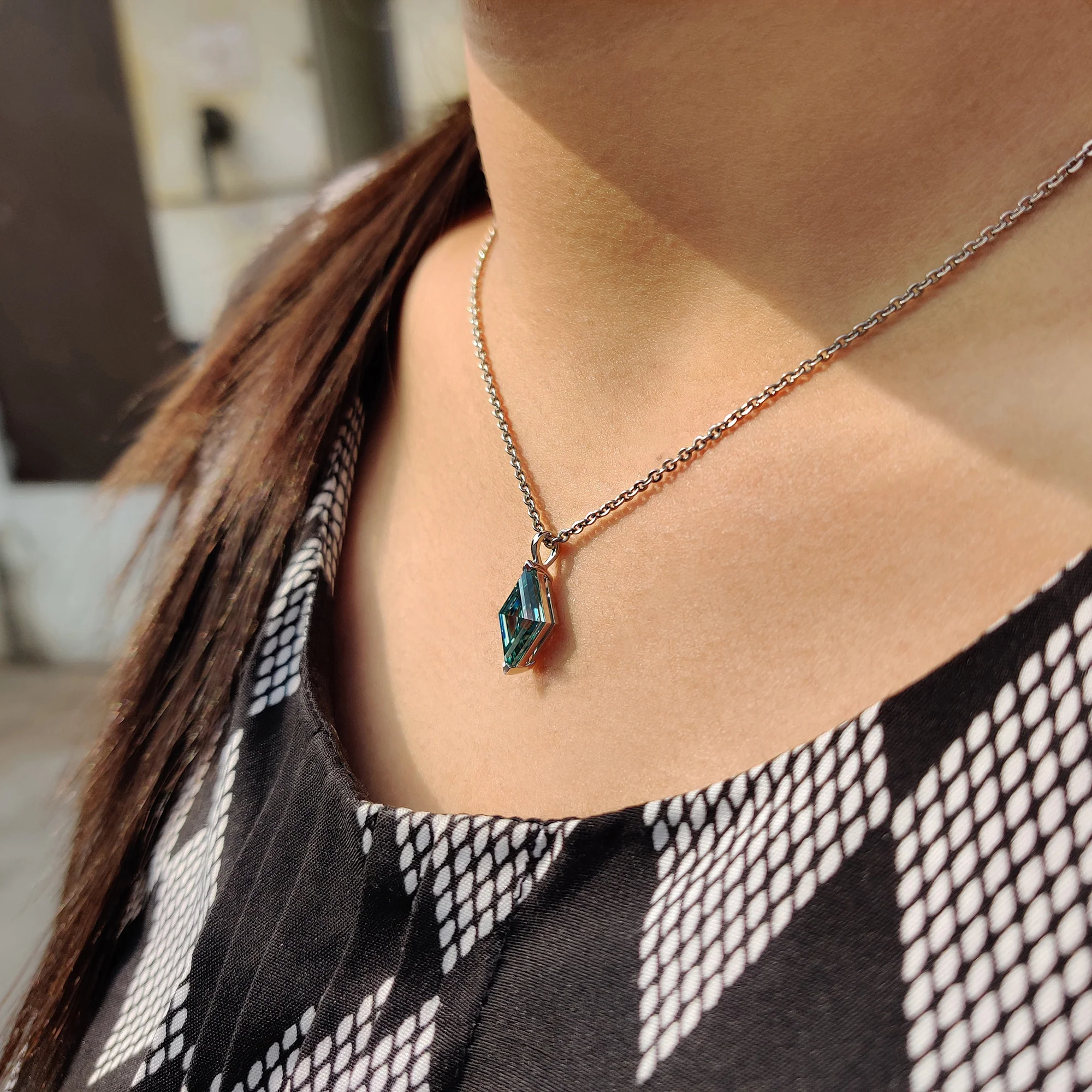 Cyan Blue Lozenge Cut Moissanite Pendant - Image 7