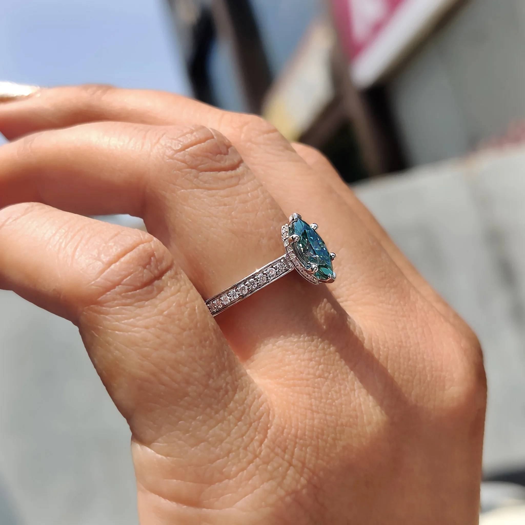 Cyan Blue Marquise Moissanite Ring With Pave Band - Image 8