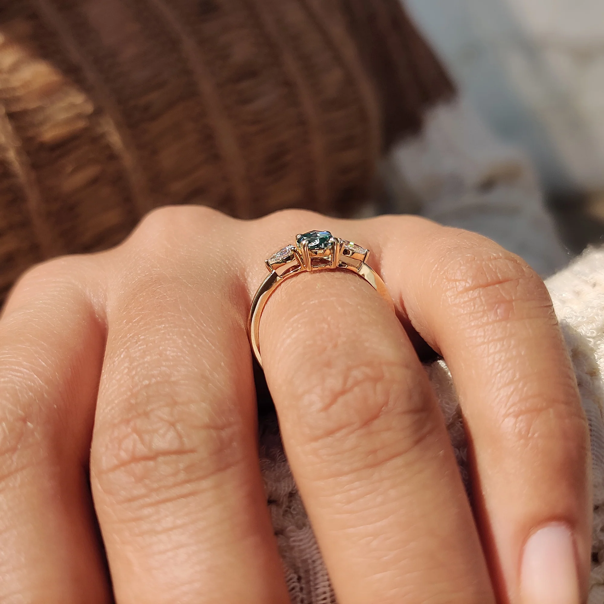 Cyan Blue Oval Rose Cut Ring with 2 Pear Side Stone - Image 3