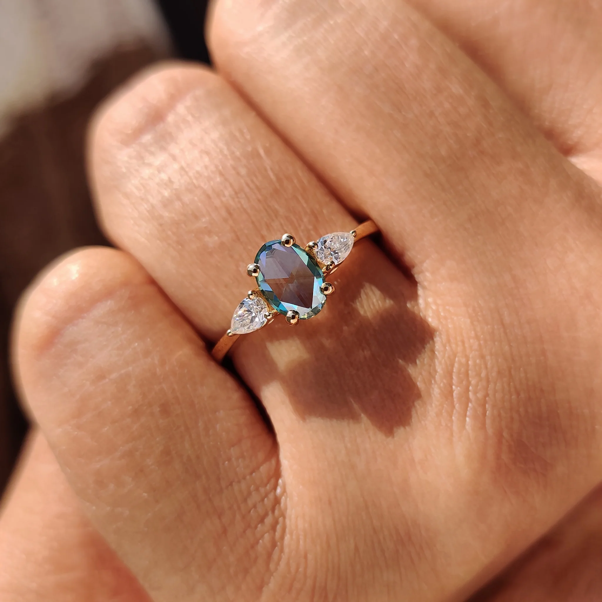Cyan Blue Oval Rose Cut Ring with 2 Pear Side Stone - Image 9
