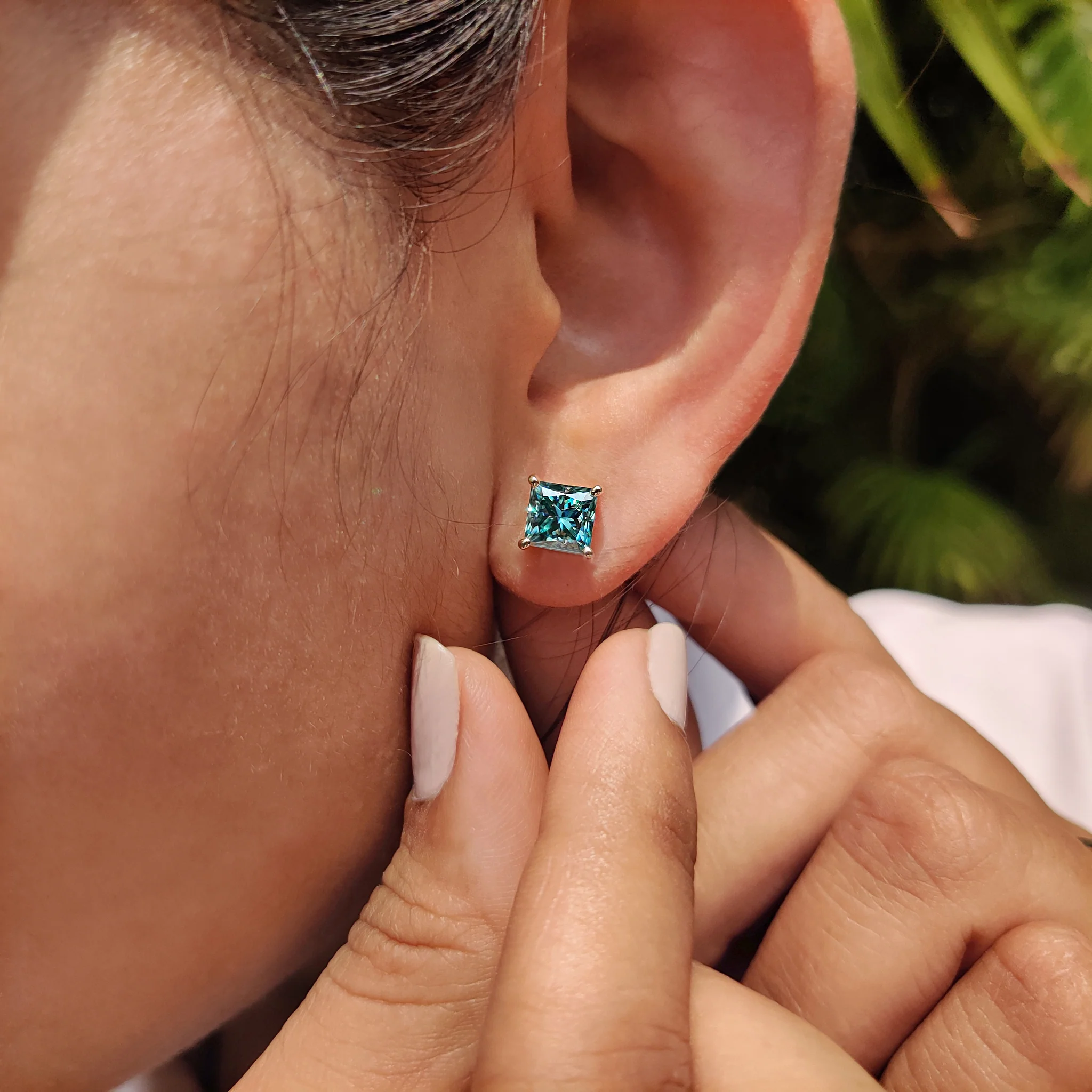 Cyan Blue Princess Cut Moissanite Earrings - Image 4