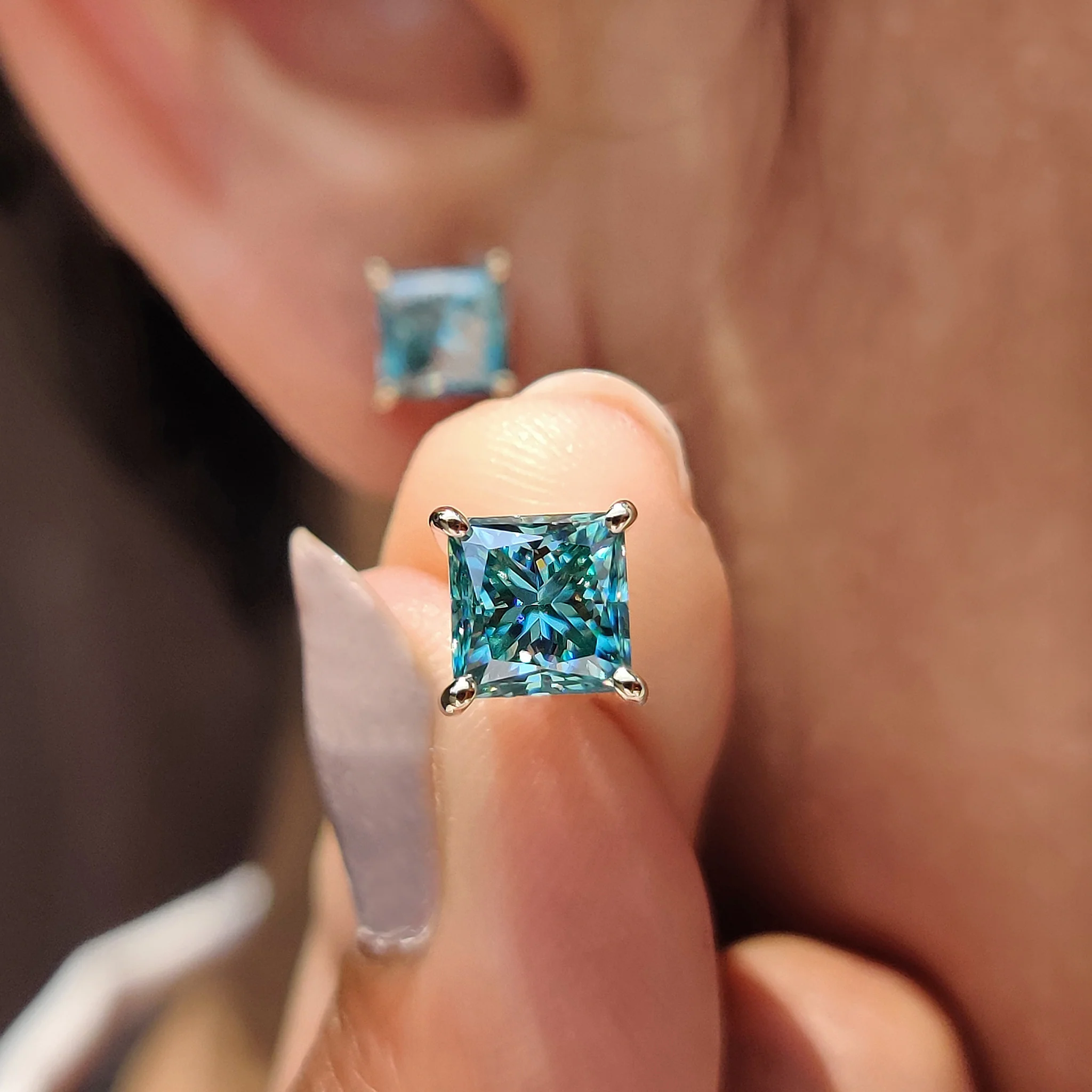 Cyan Blue Princess Cut Moissanite Earrings - Image 9