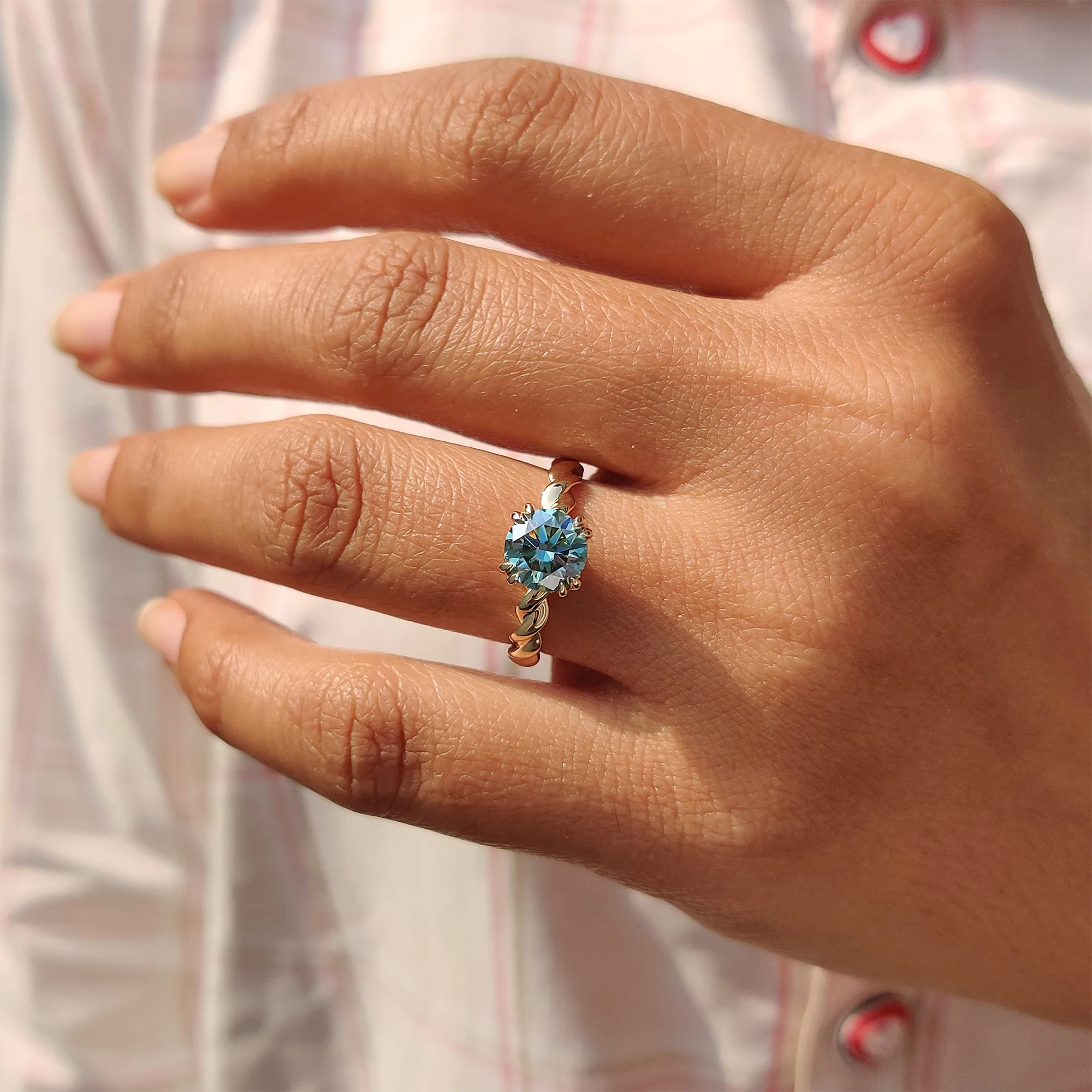 Cyan Blue Round Cut Hidden Halo Ring With Twisted Rope Band - Image 4
