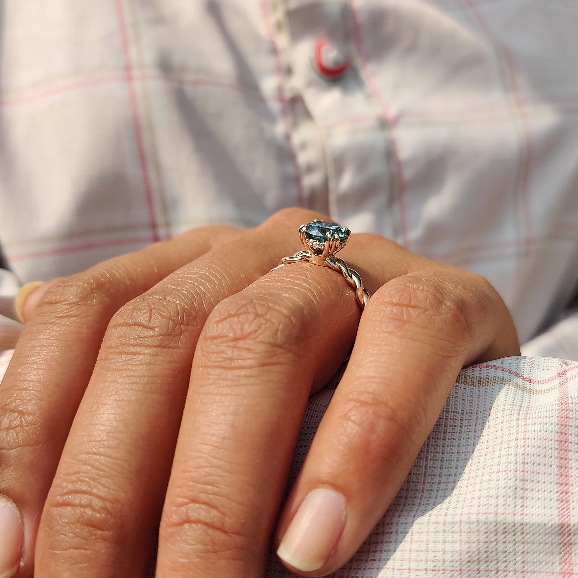 Cyan Blue Round Cut Hidden Halo Ring With Twisted Rope Band - Image 7