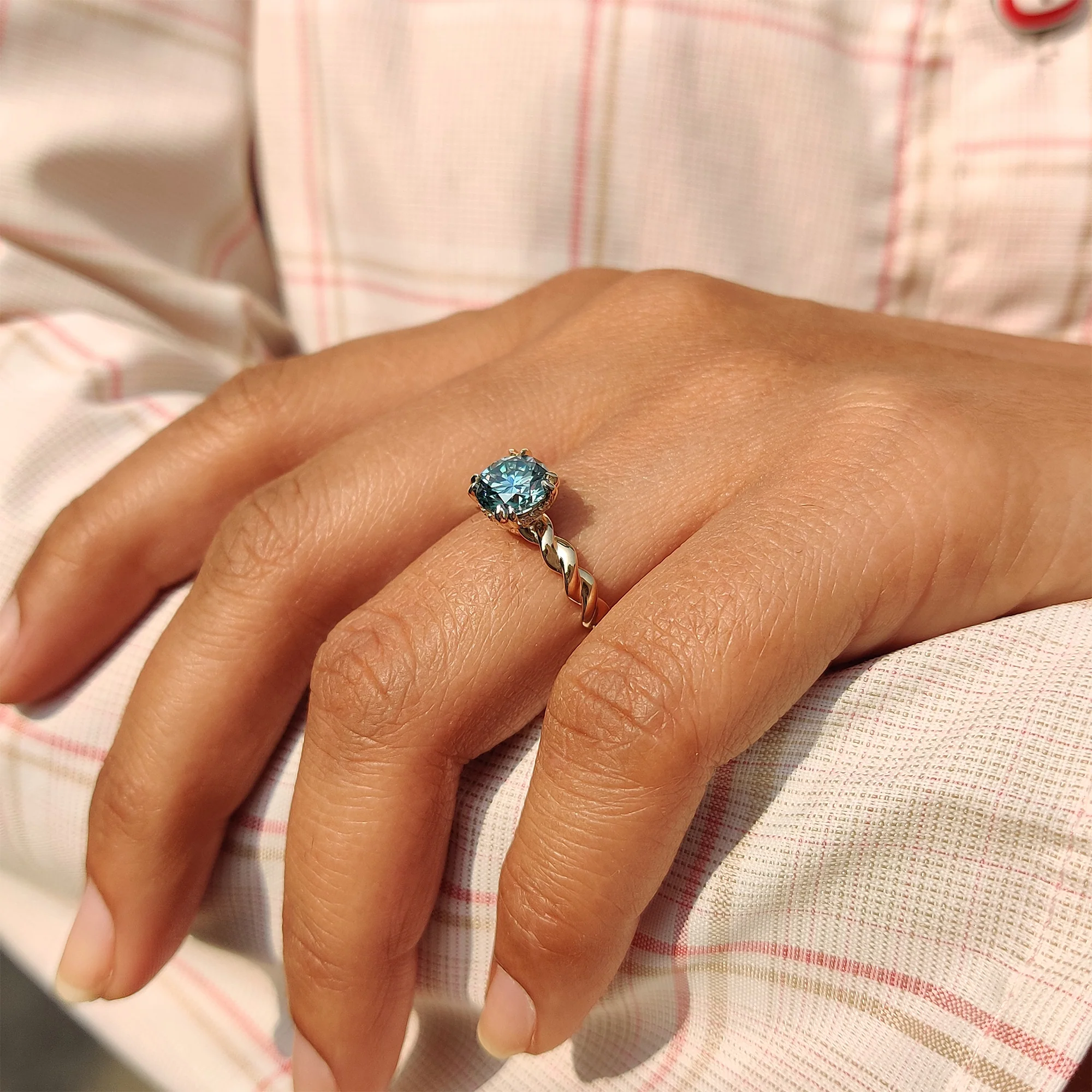 Cyan Blue Round Cut Hidden Halo Ring With Twisted Rope Band - Image 8