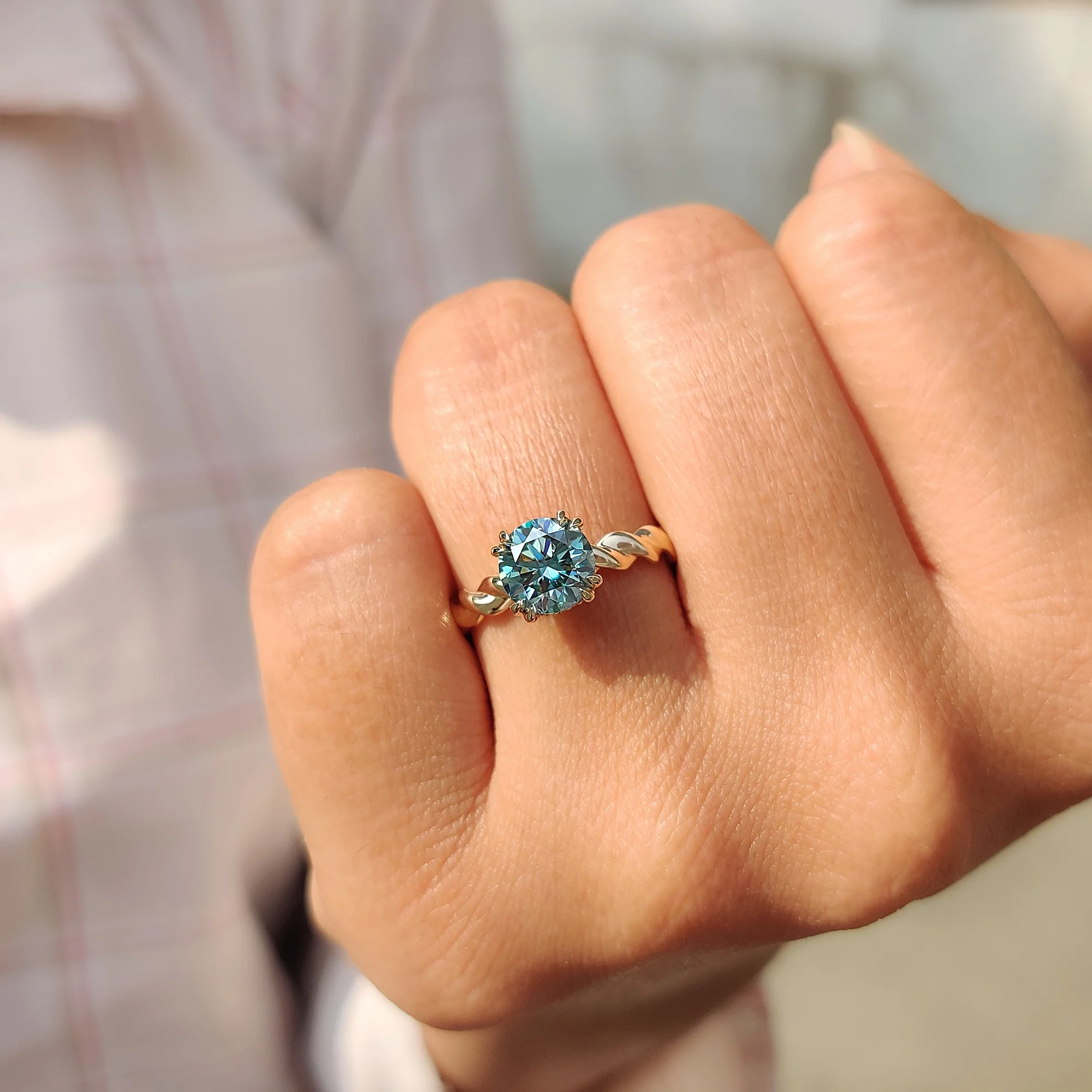 Cyan Blue Round Cut Hidden Halo Ring With Twisted Rope Band - Image 9