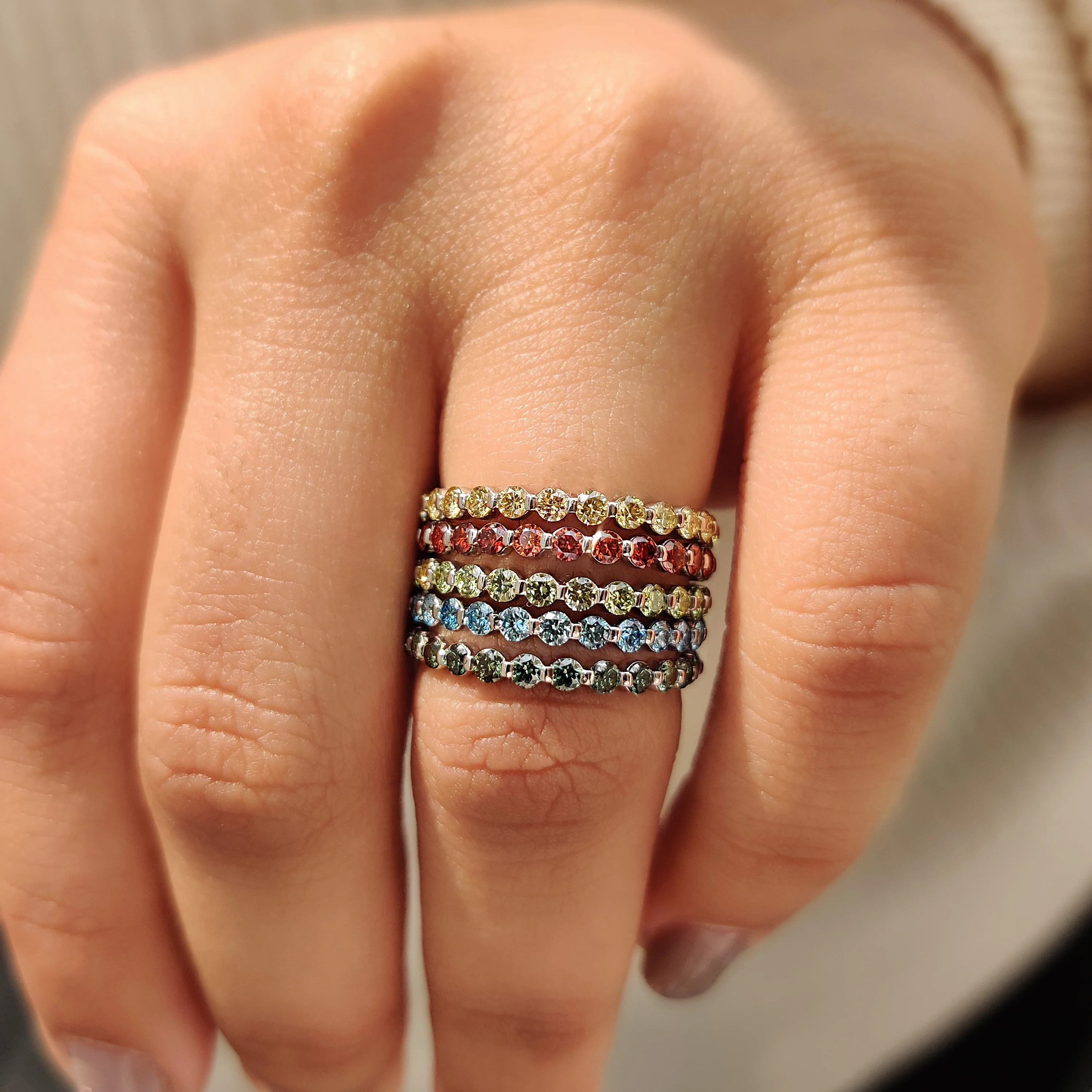 Blue Diamond Wedding Band In Shared Prong Style - Image 2