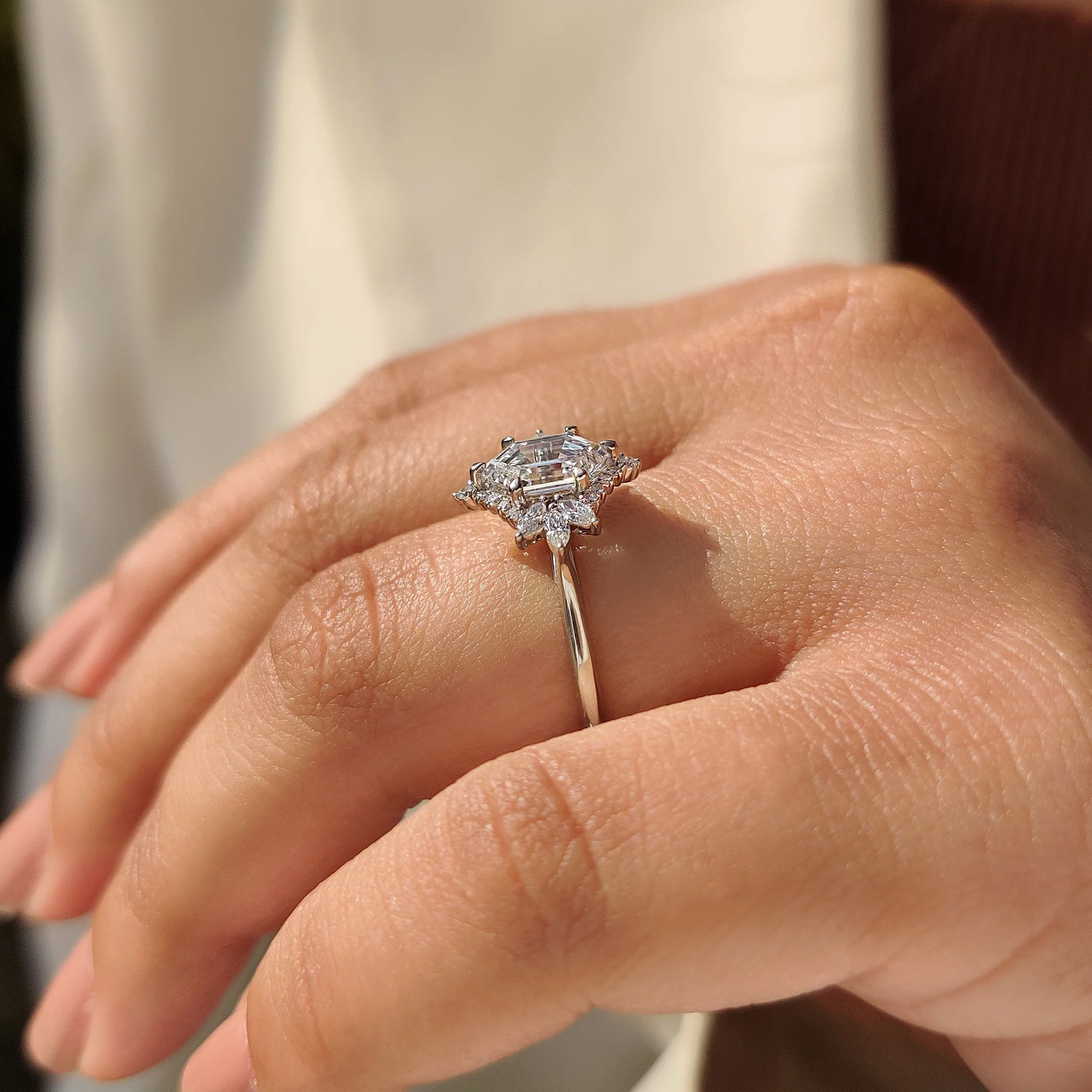 Elongated Hexagon Engagement Ring in Cluster Setting - Image 3