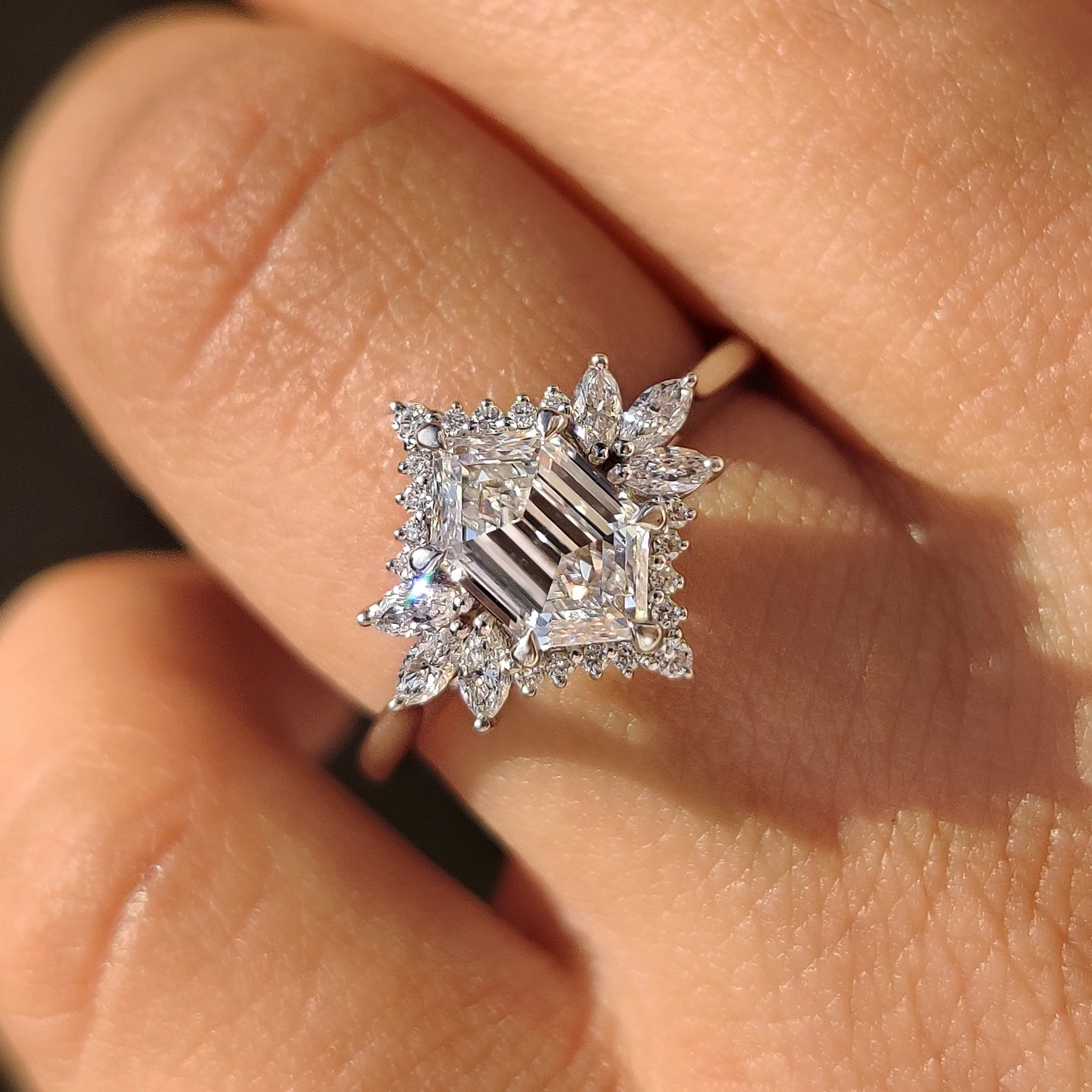 Elongated Hexagon Engagement Ring in Cluster Setting - Image 5
