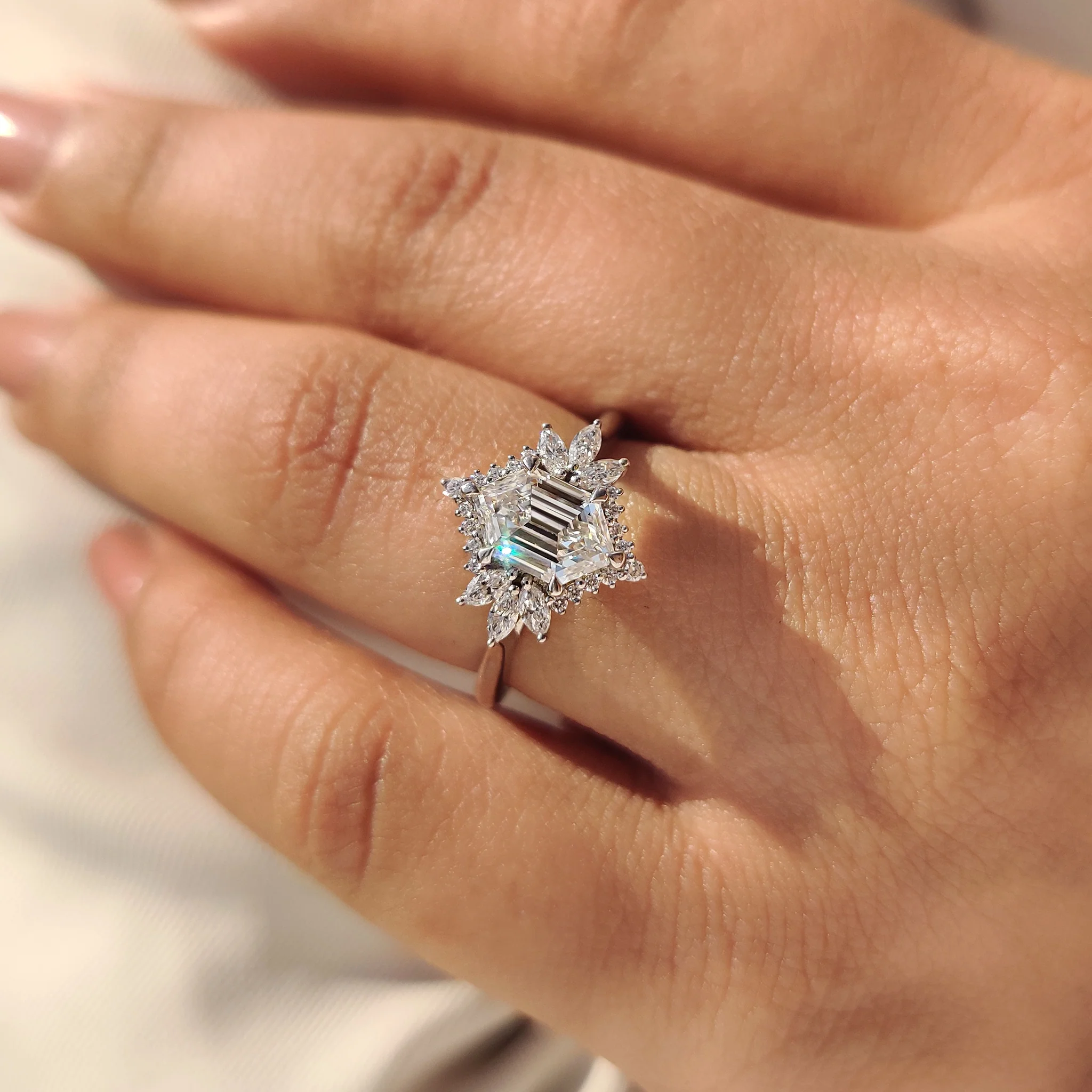 Elongated Hexagon Engagement Ring in Cluster Setting - Image 9