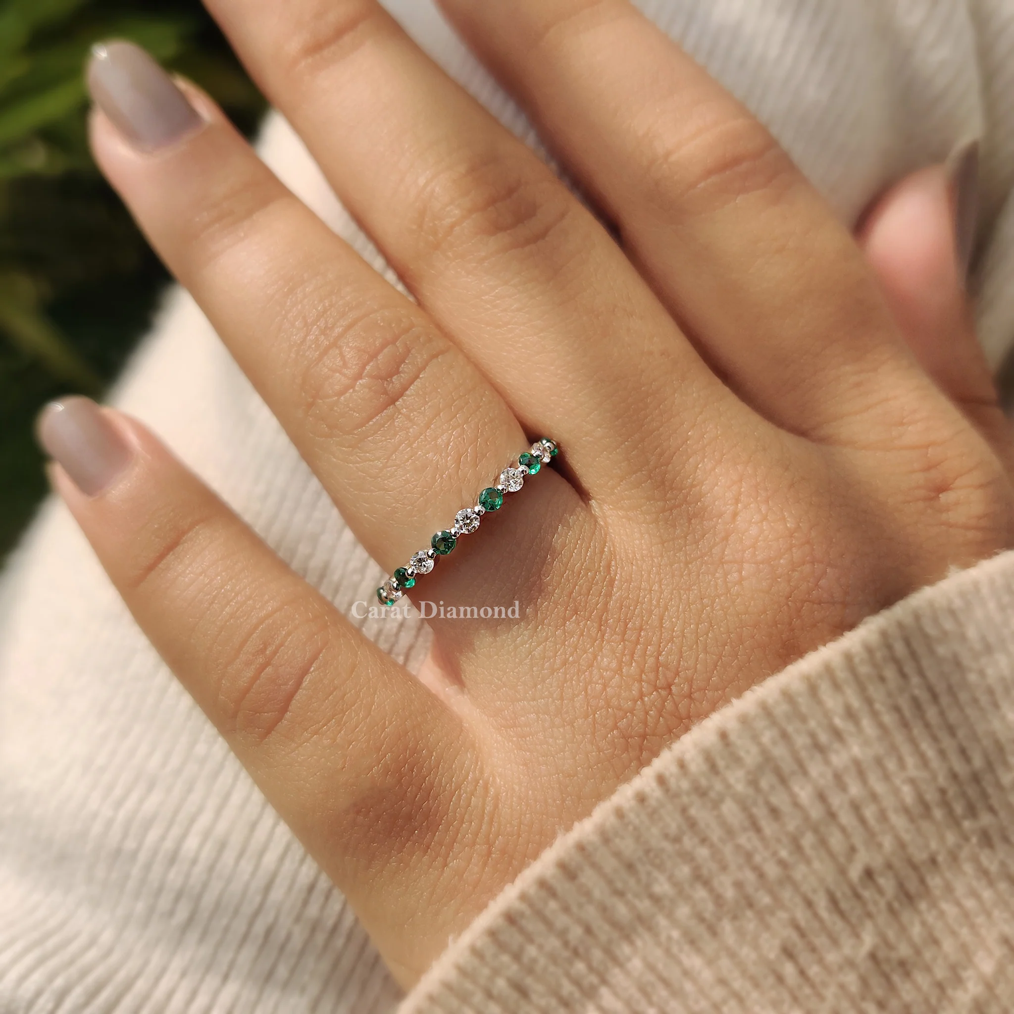 Green Emerald and Diamond Wedding Band - Image 3