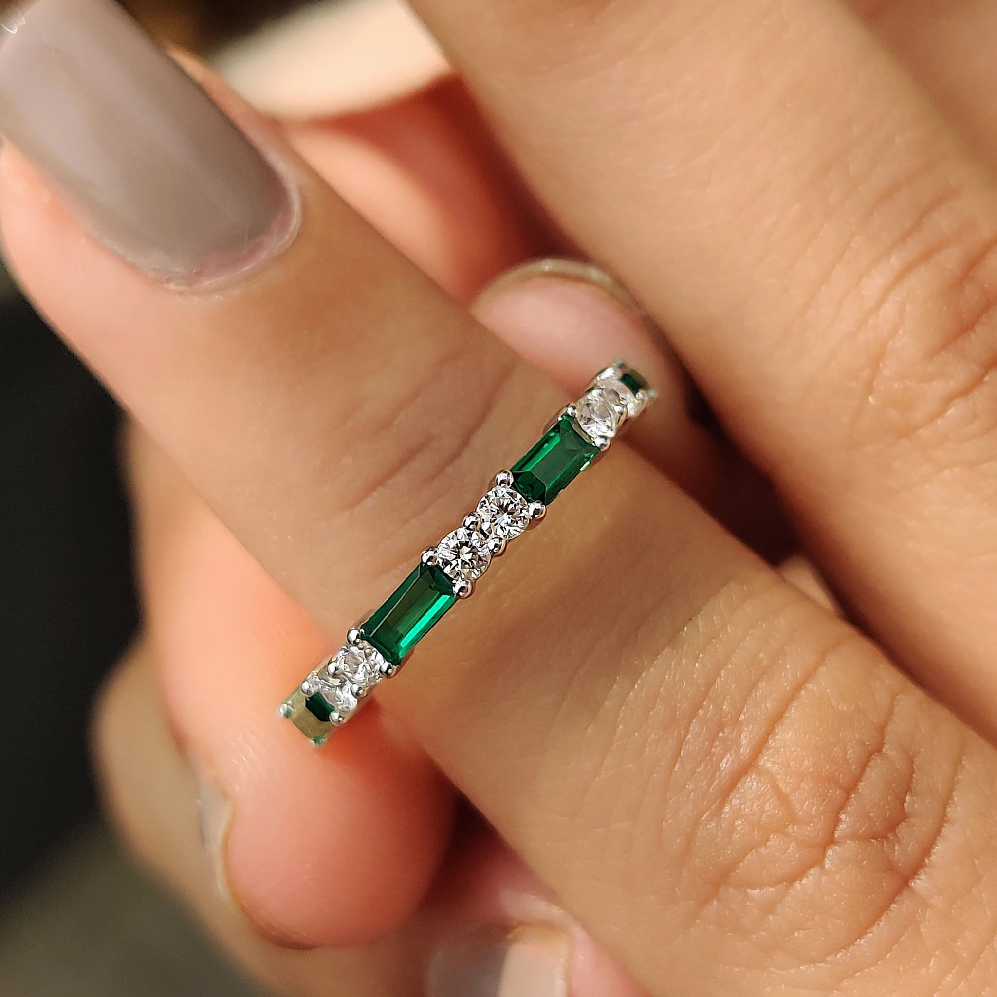Emerald And Diamond Wedding Band In Half Eternity - Image 7