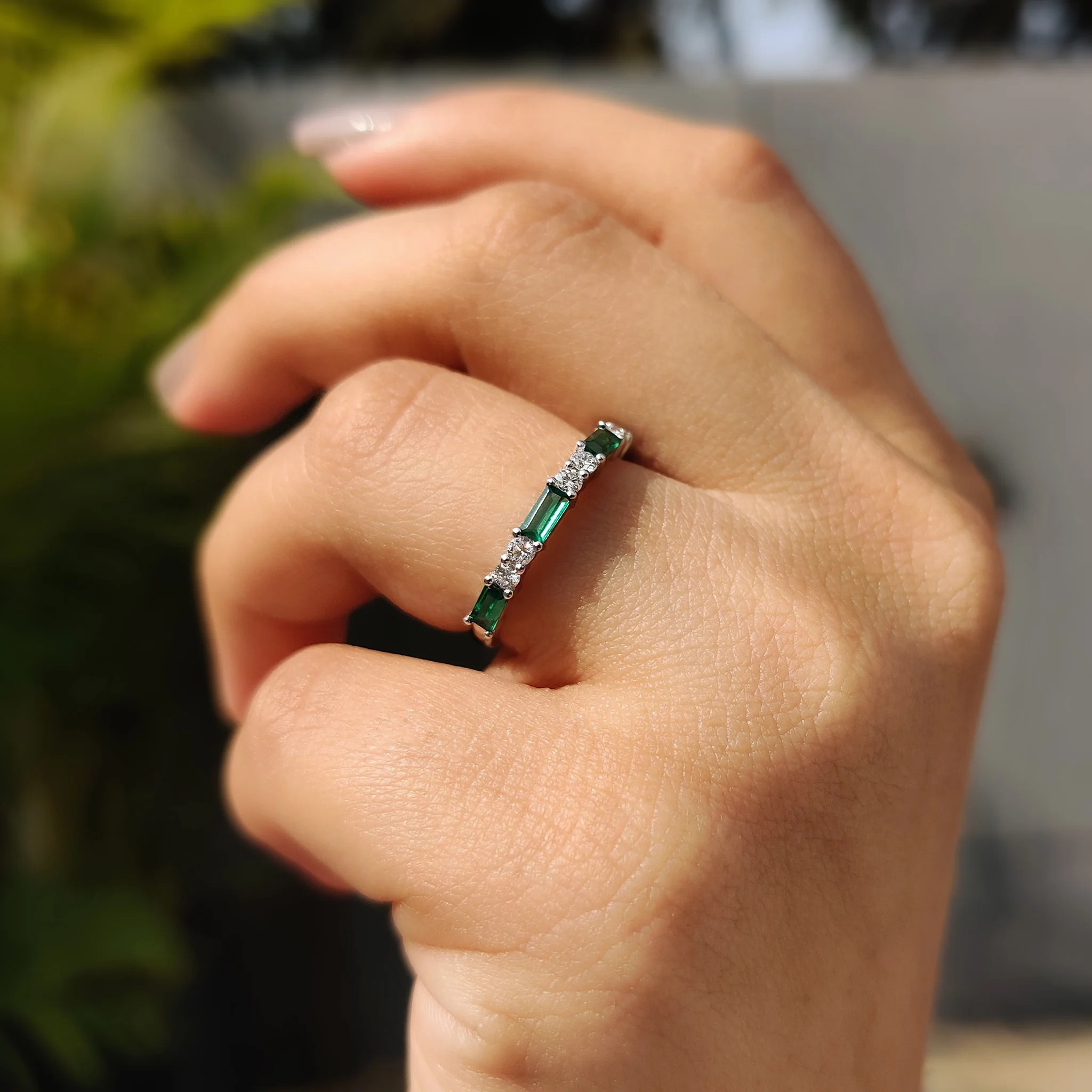 Emerald And Diamond Wedding Band In Half Eternity - Image 9