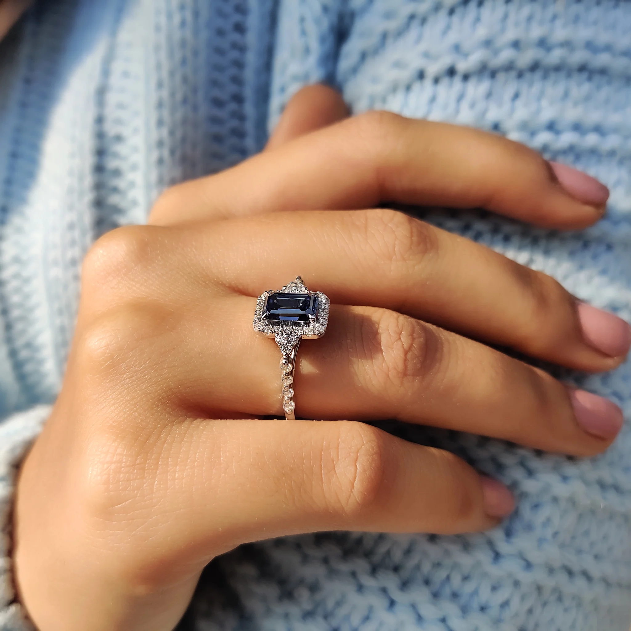 Blue Emerald Cut Engagement Ring In Muse Style - Image 2