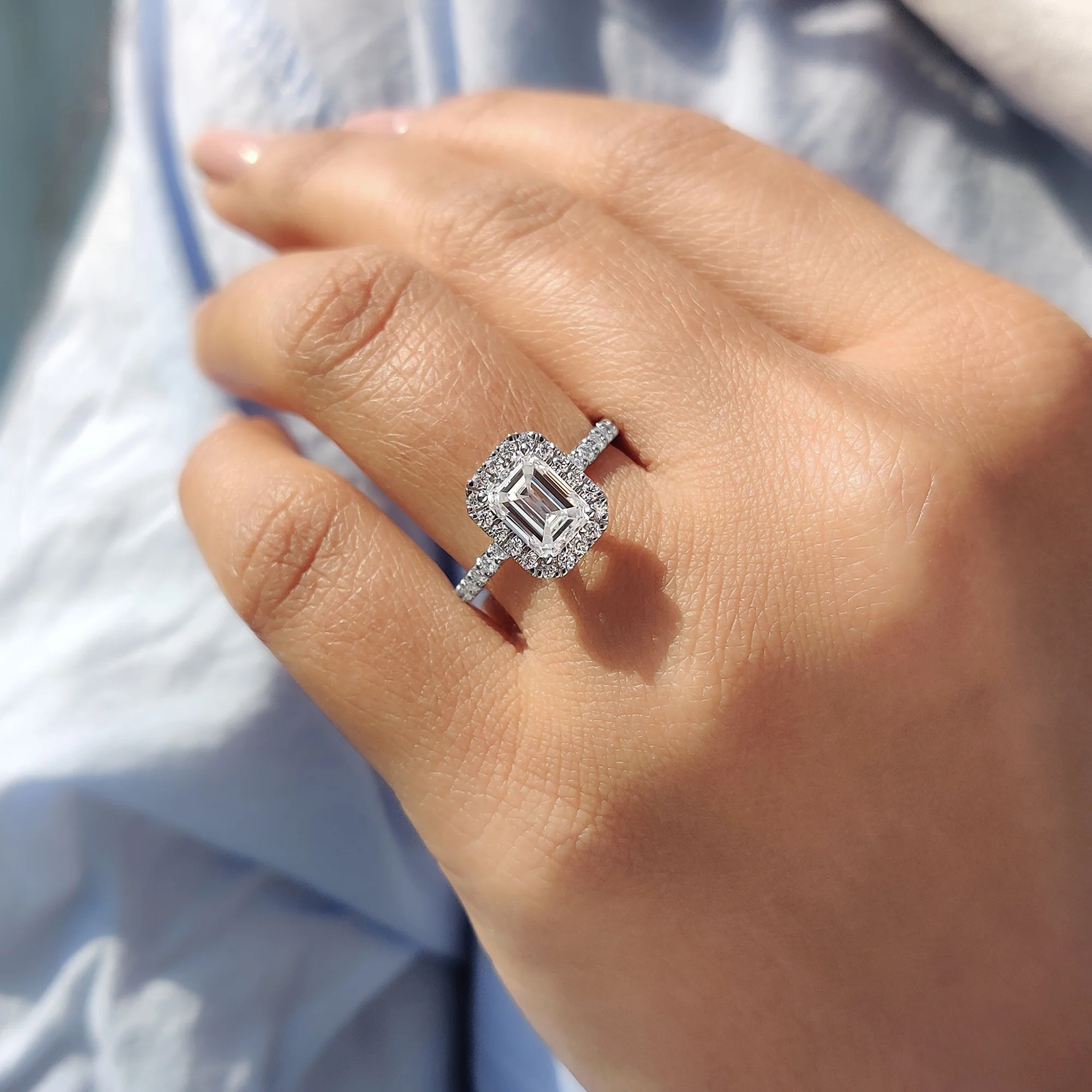 Emerald cut halo ring In Round Cut Pave Band - Image 7