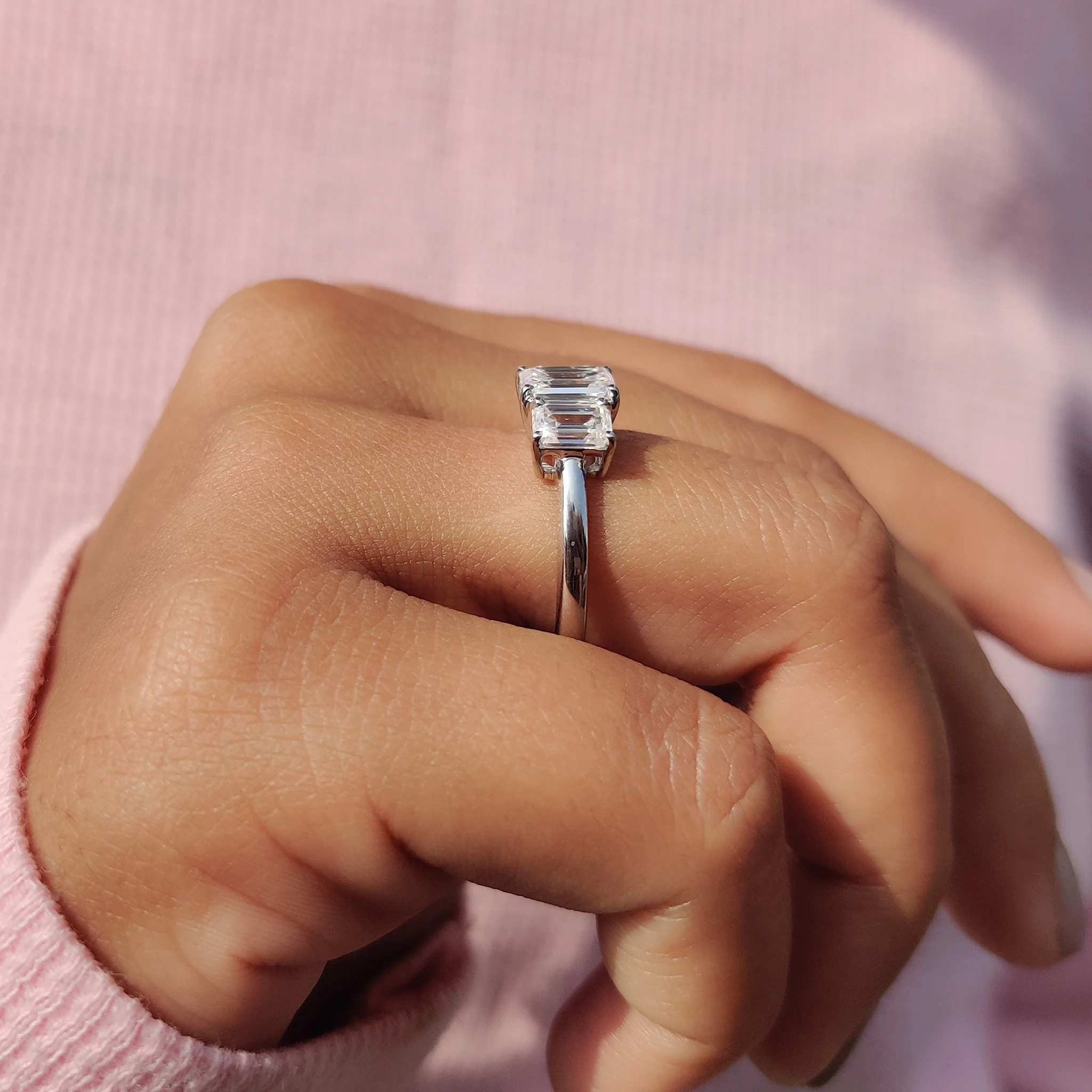 Emerald Cut Moissanite 3 Stone Engagement Ring - Image 2