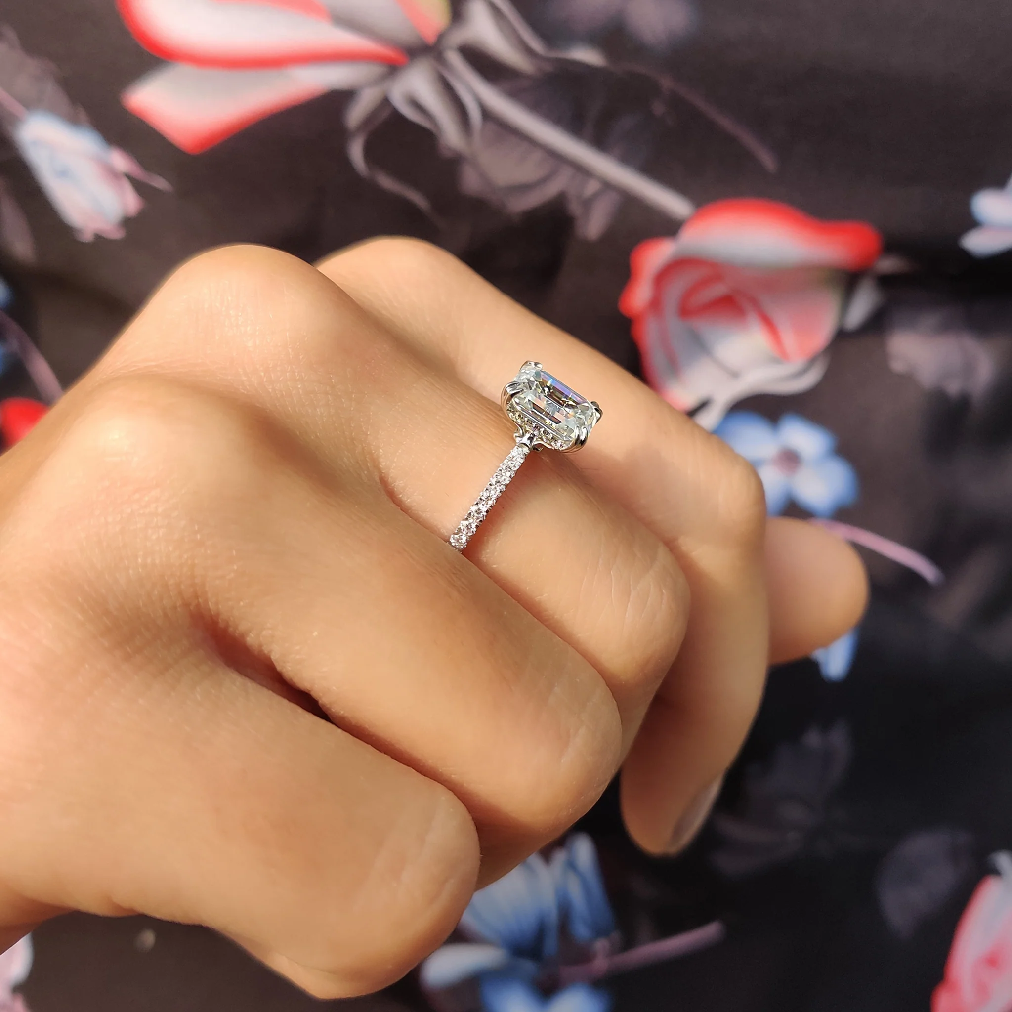 Emerald Cut Moissanite Under Halo Engagement Ring - Image 9