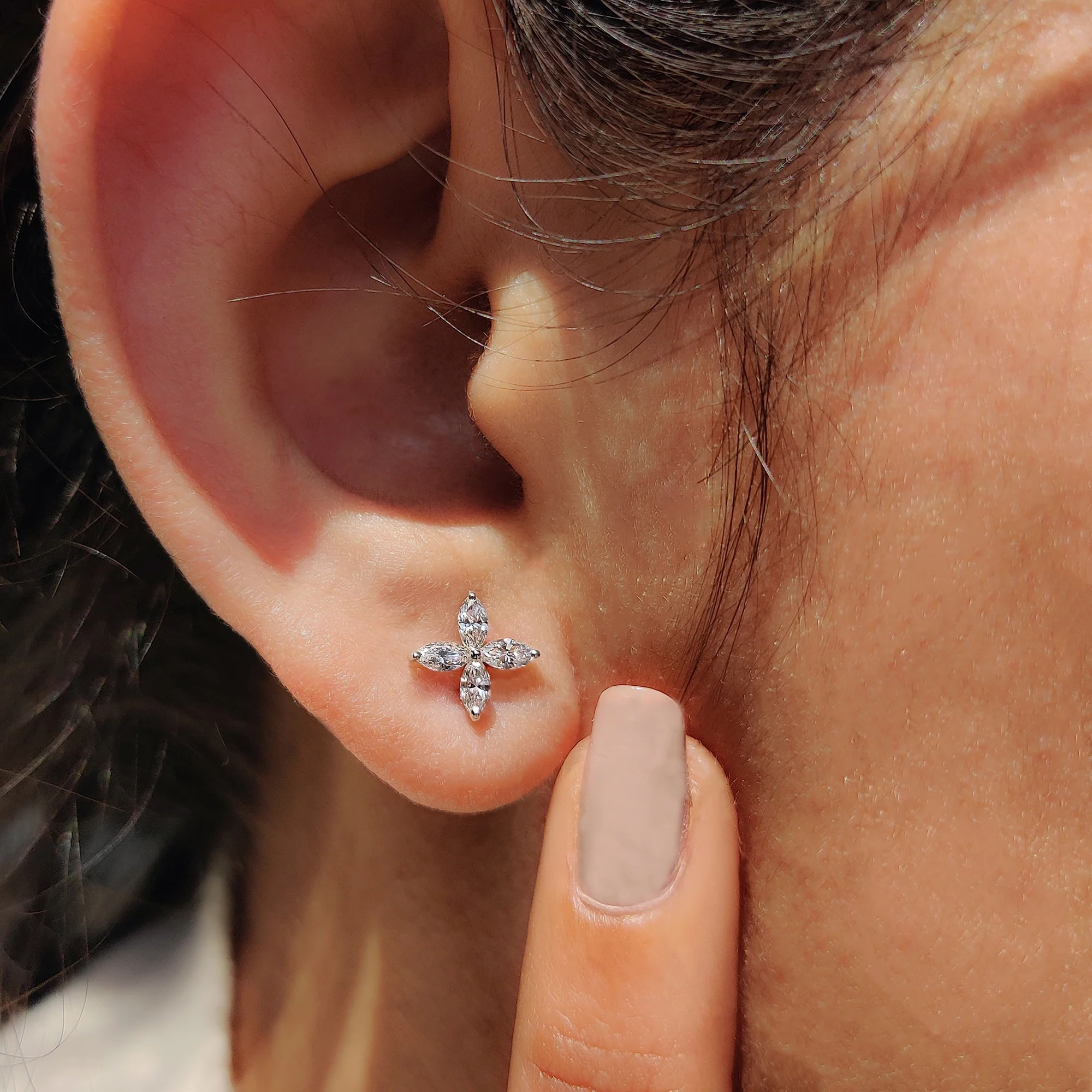 Flower Stud Marquise Cut Diamond Earrings - Image 3