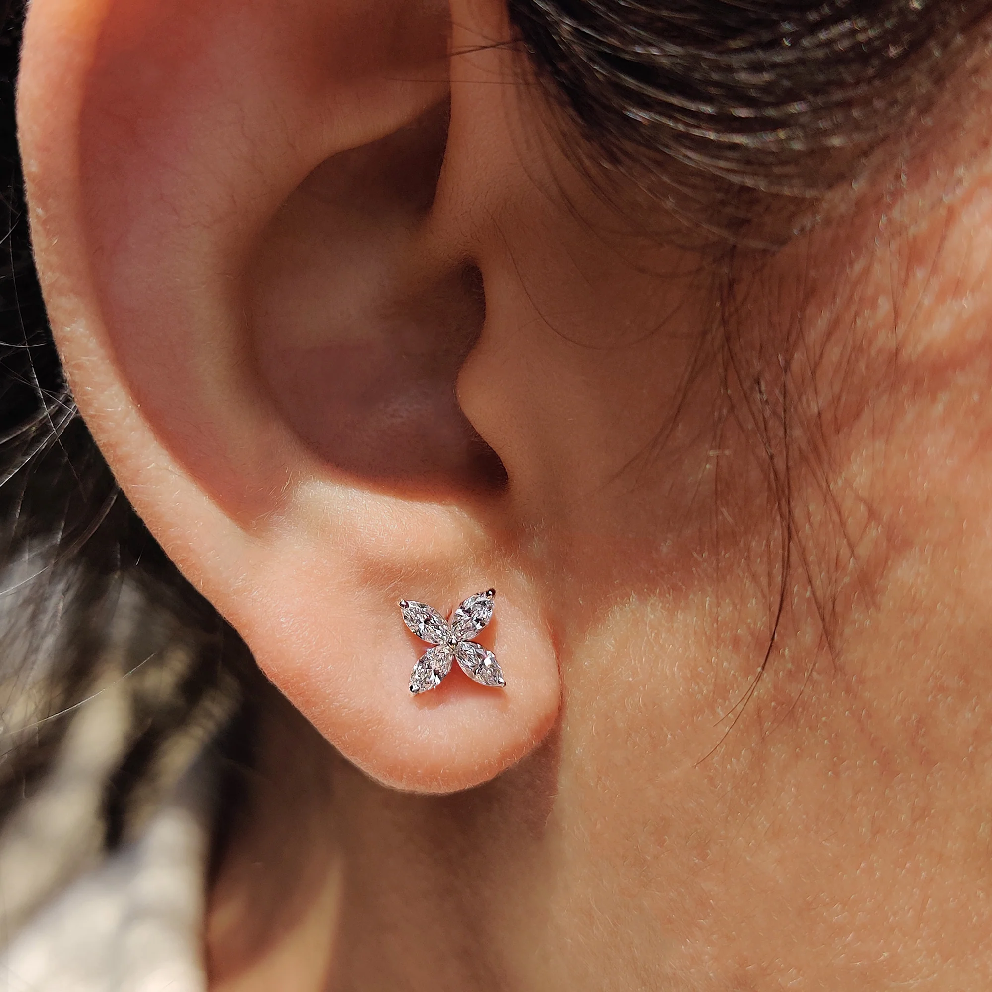 Flower Stud Marquise Cut Diamond Earrings - Image 8