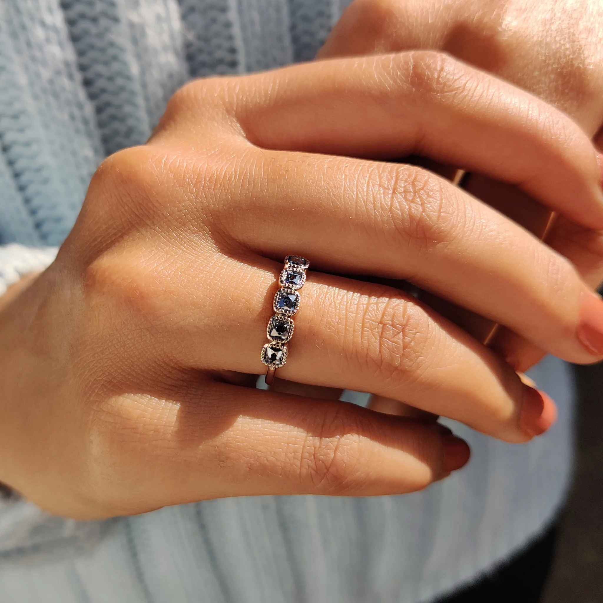 Royal Dark Blue Stone French Cut Half Eternity Wedding Band - Image 7