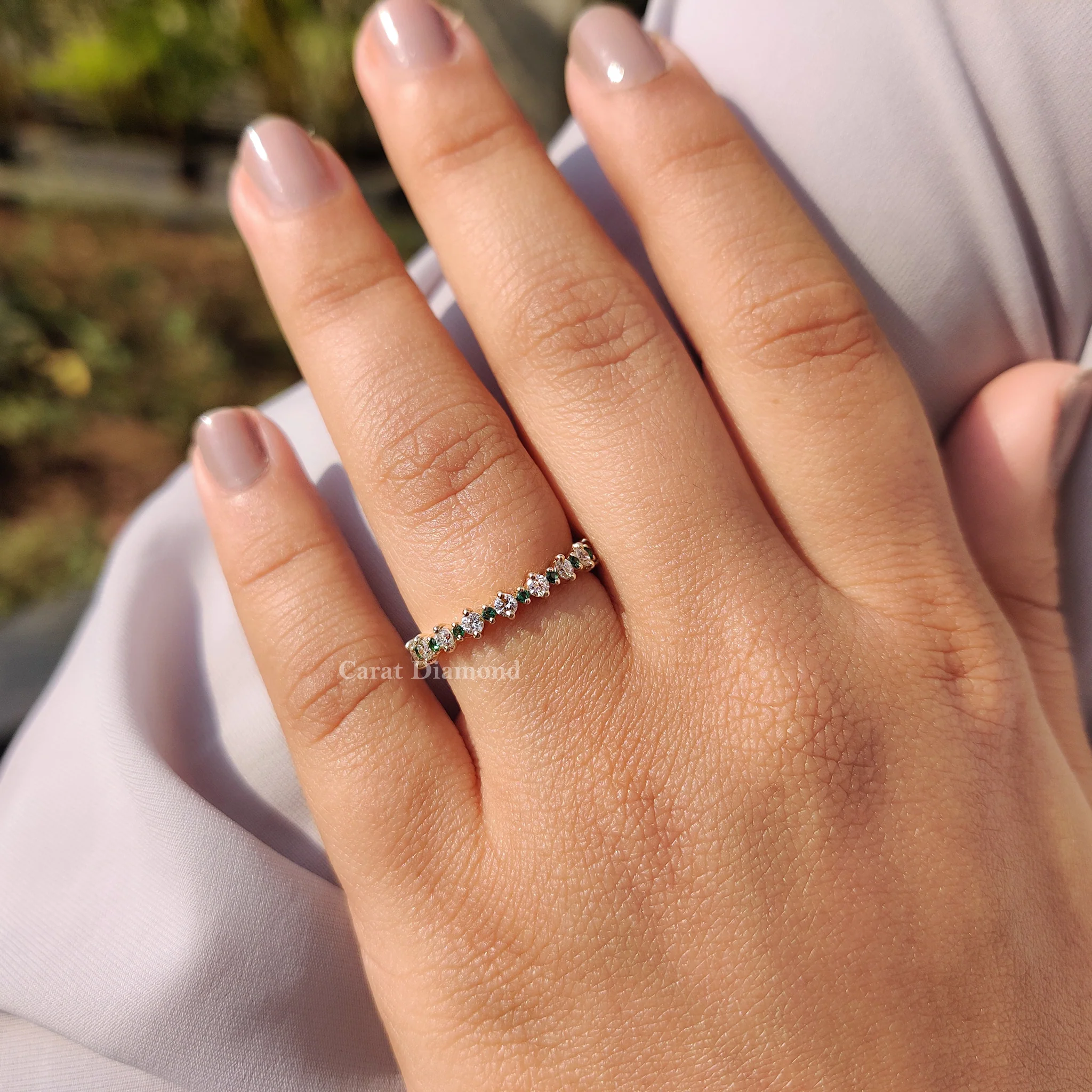 Full Eternity Wedding Band With Emerald And Round Diamond - Image 9