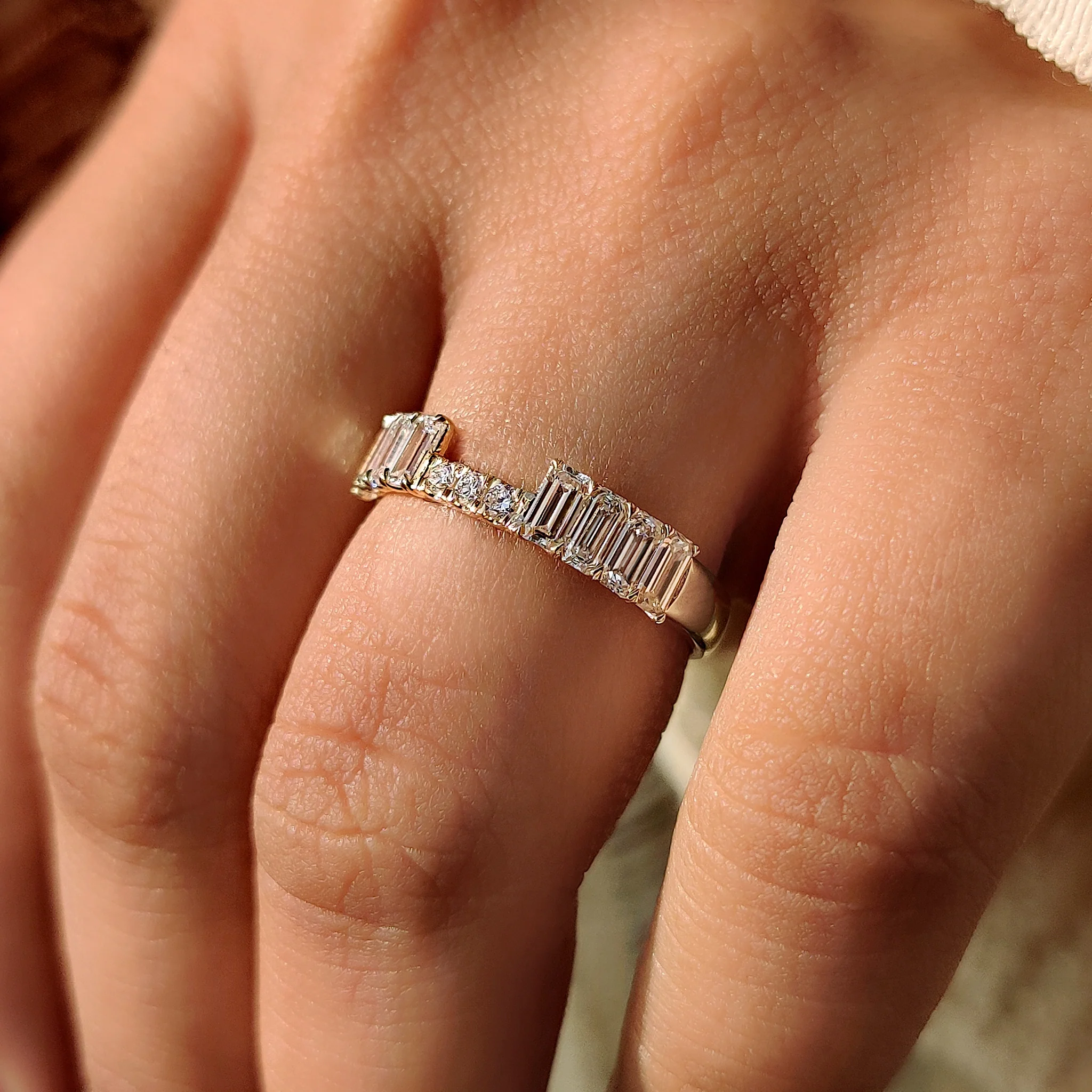 Half Eternity Emerald and Round Diamond Stackable Wedding Band - Image 8